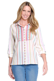 John Mark  Embroidered Button Front Blouse with Roll Tab Sleeves (J16236BM)(OffWhite)