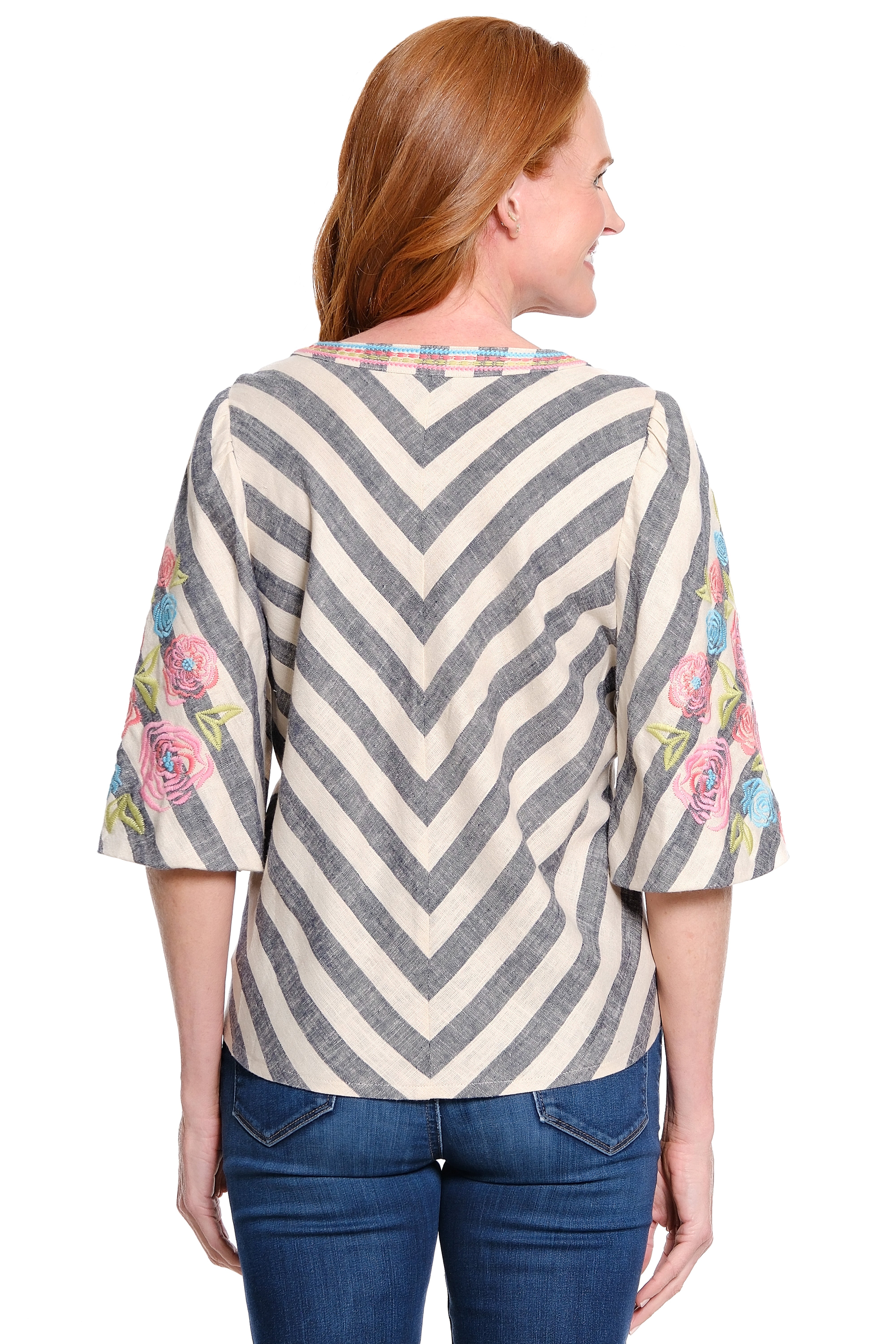 John Mark  Yarn Dye Pop-over Tunic with 3/4 Bubble Sleeves (J16237TM)(Blue Stripe)