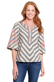 John Mark  Yarn Dye Pop-over Tunic with 3/4 Bubble Sleeves (J16237TM)(Blue Stripe)
