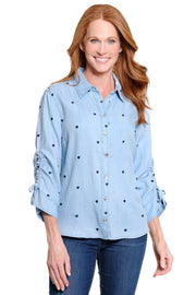 John Mark Allover Embroidered  Hearts with Cinch Tie Sleeves (J16240BM)(Chambray)