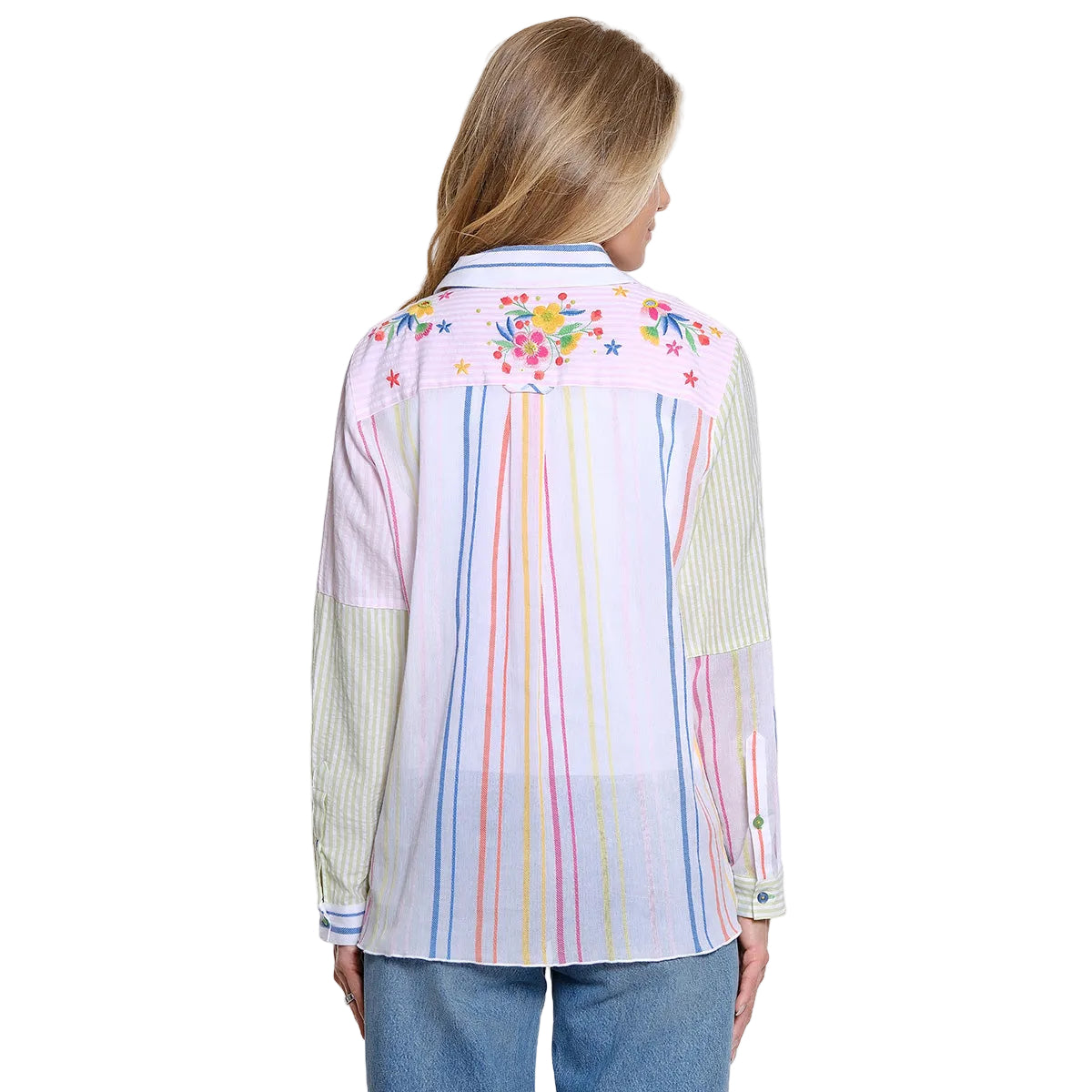 John Mark Embroidered Mix Striped Patchwork Blouse (J16346BM)