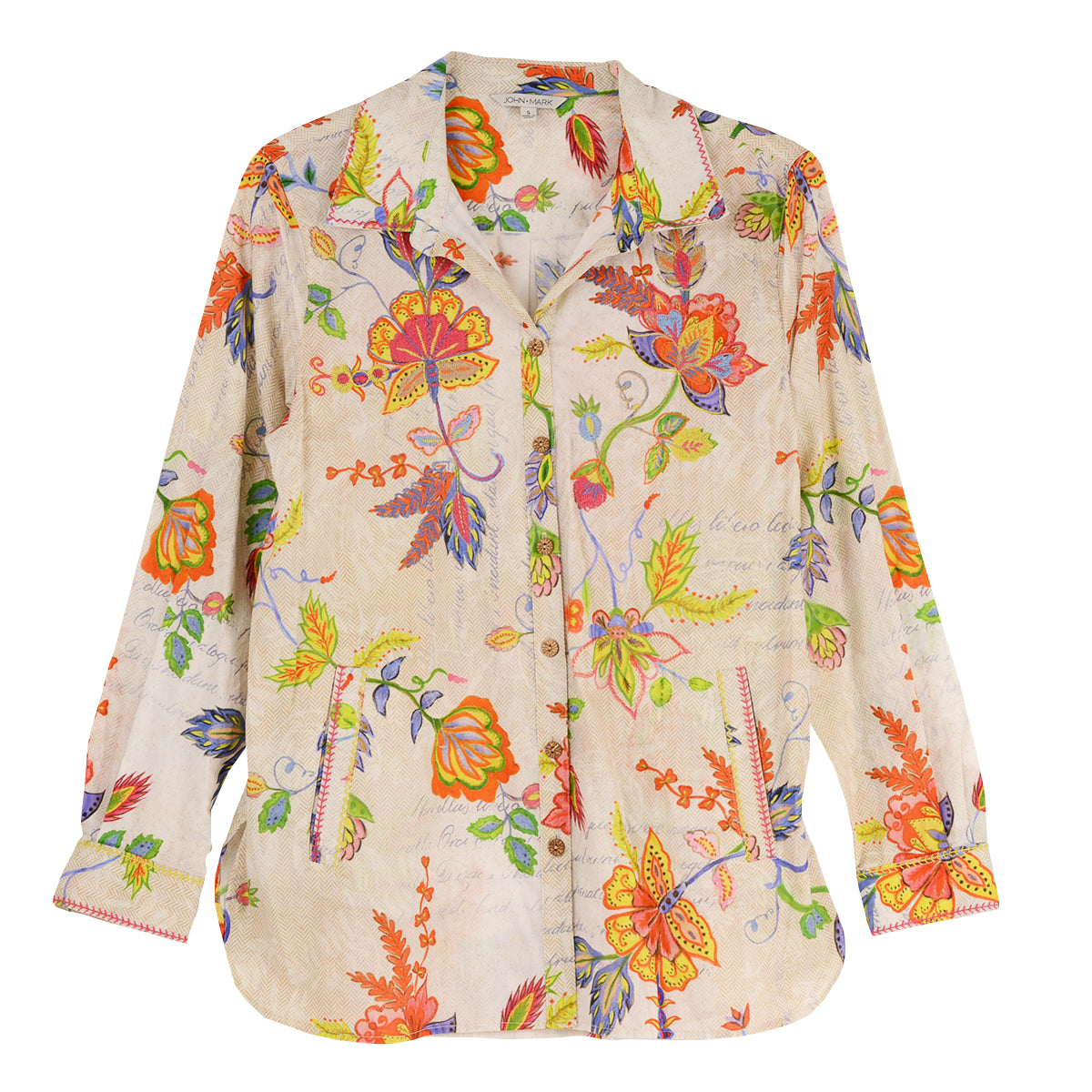 John Mark Mixed Floral Print Embroidery Detail Button Front Shirt