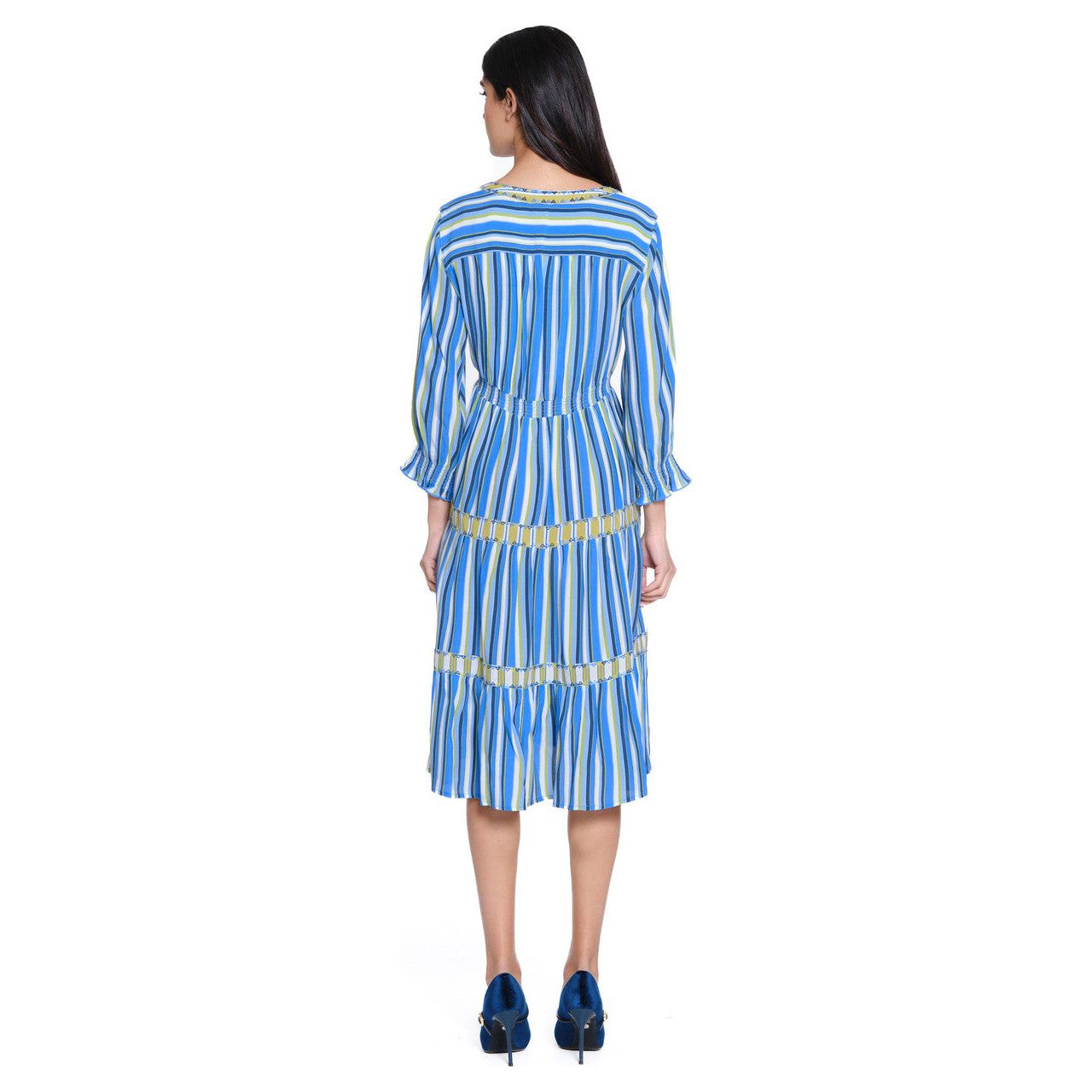 John Mark Blue Stripe Tiered Popover Dress