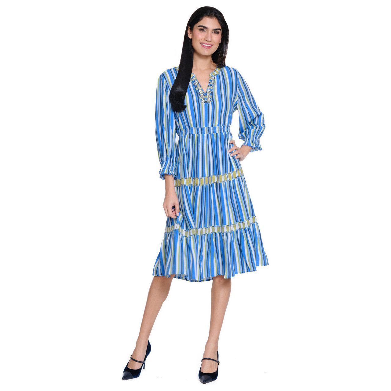 John Mark Blue Stripe Tiered Popover Dress