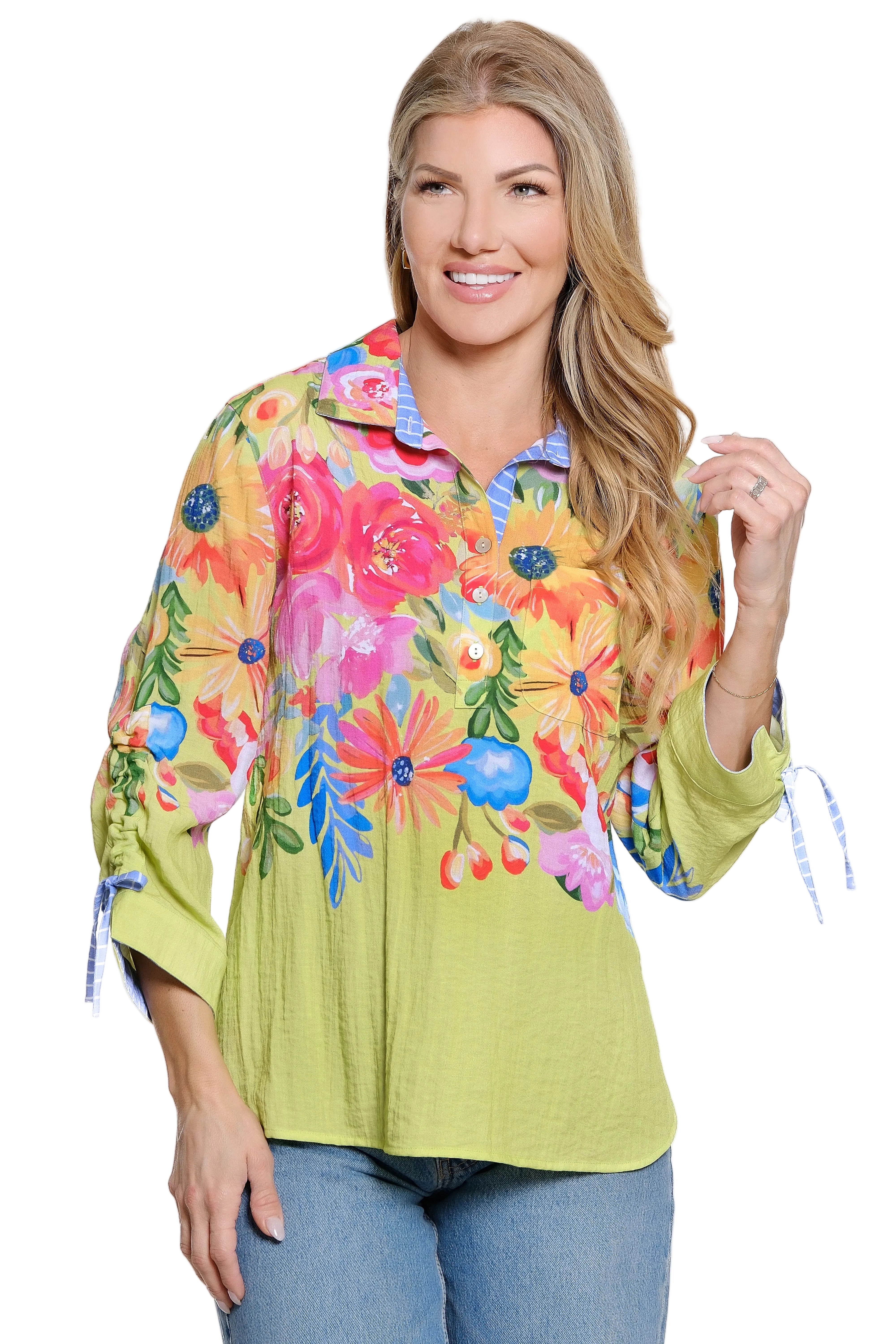 John Mark Multi Floral Tunic with Cinch Sleeves (J26432TM)