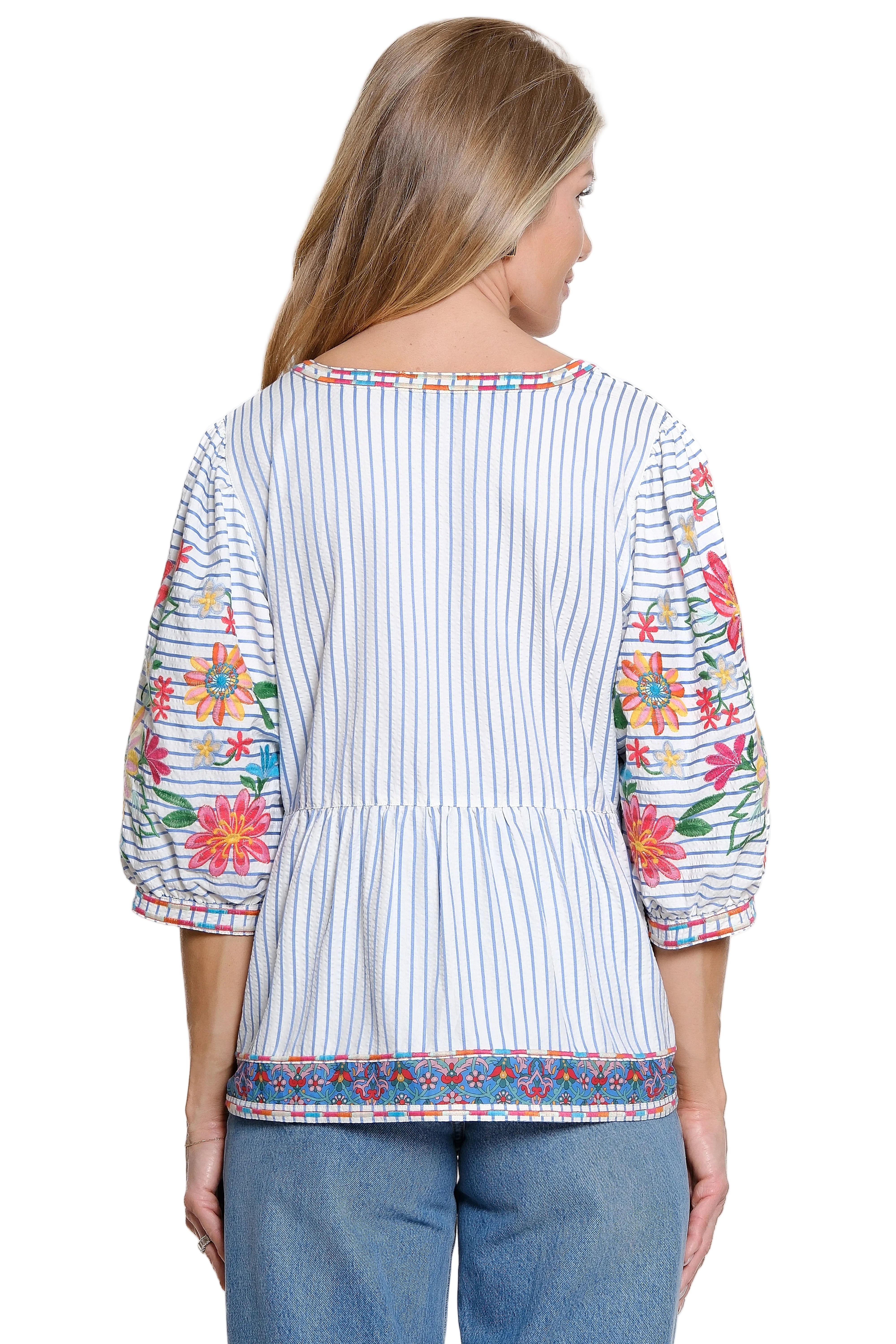 John Mark Striped Floral Embroidered Top With Balloon Sleeves (J26440TM)