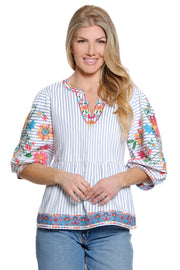 John Mark Striped Floral Embroidered Top With Balloon Sleeves (J26440TM)