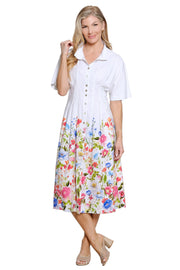 John Mark Linen Floral Border Dress with Pleated Waist (J26450DM) (WHTFLR)