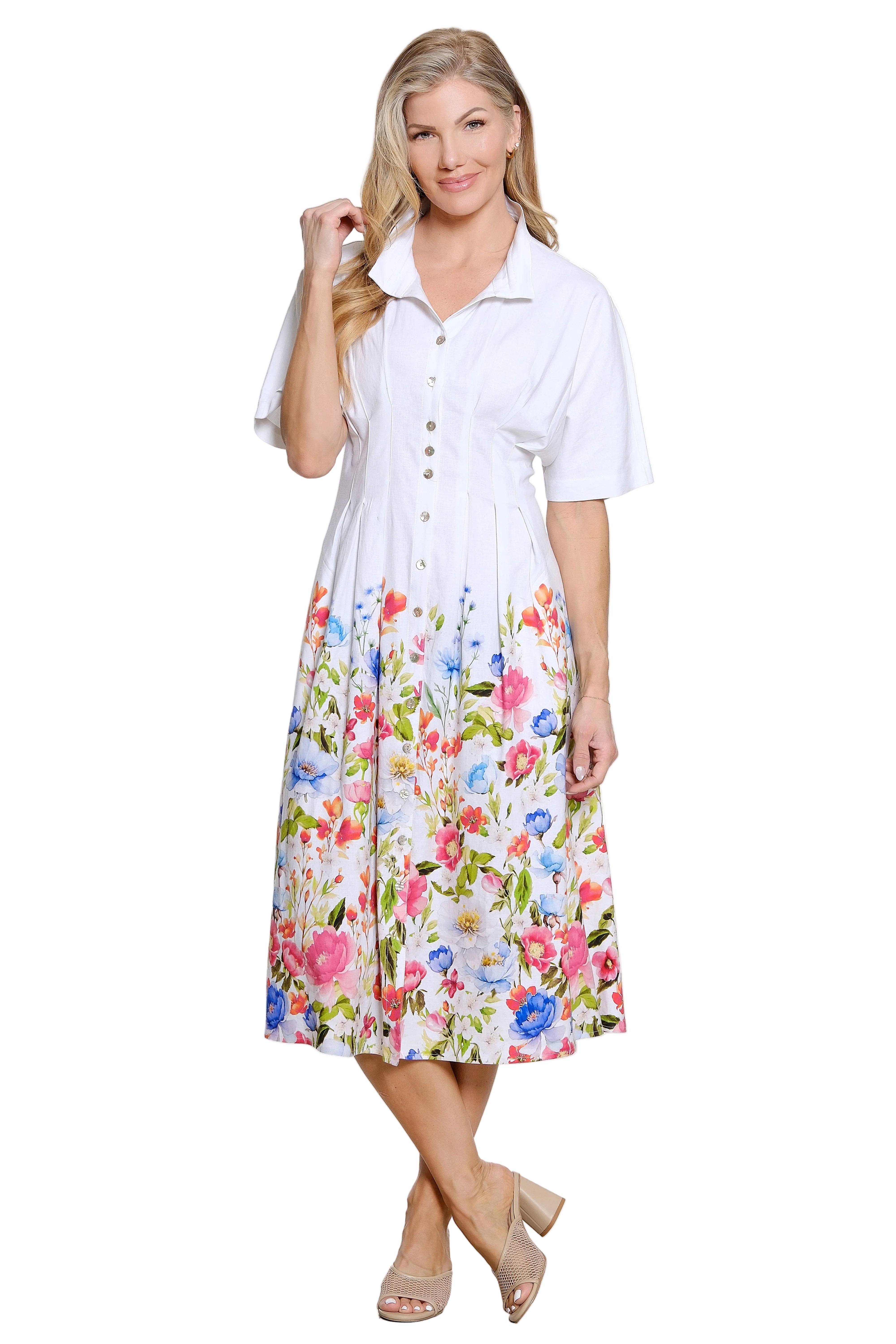 John Mark Linen Floral Border Dress with Pleated Waist (J26450DM) (WHTFLR)