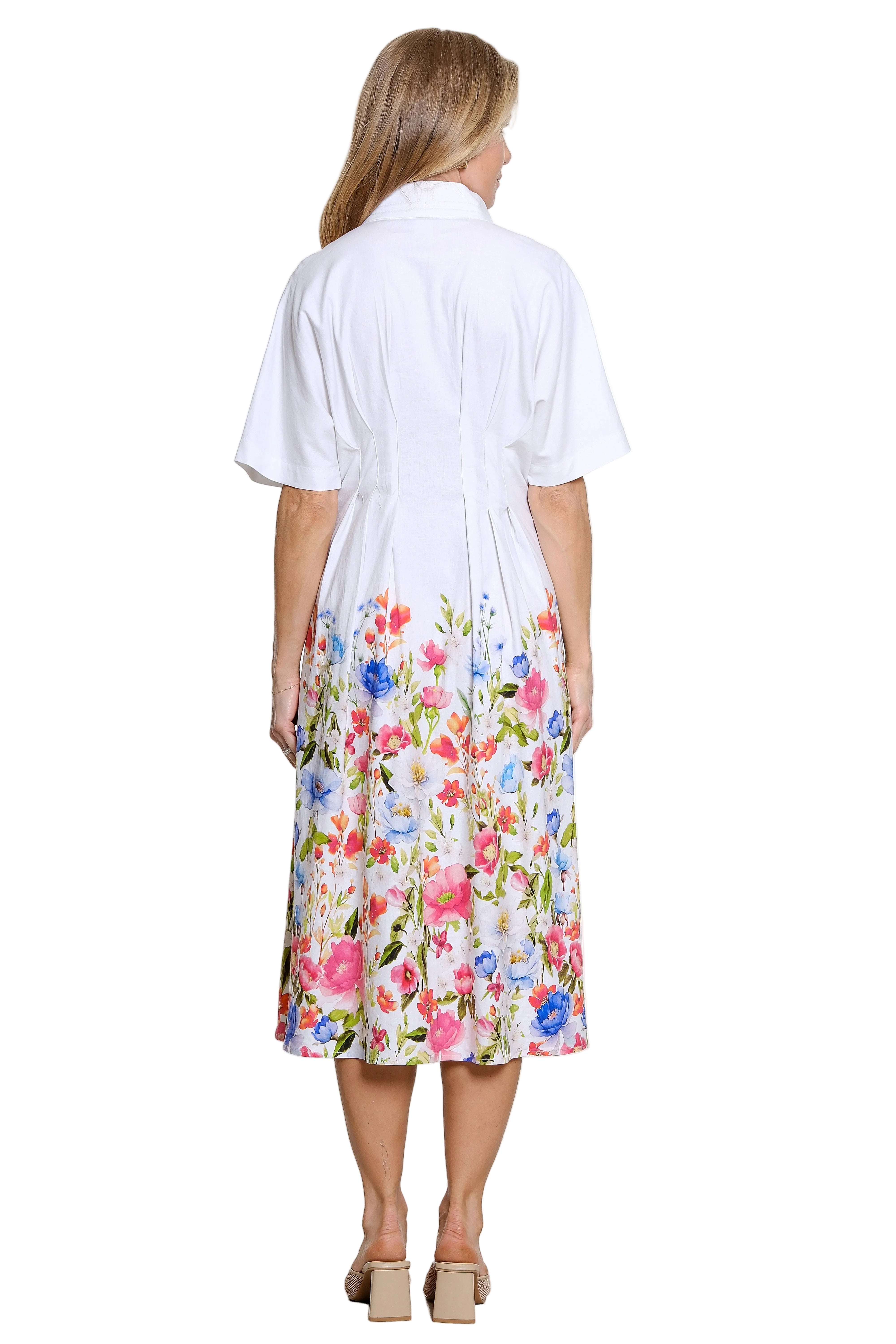John Mark Linen Floral Border Dress with Pleated Waist (J26450DM) (WHTFLR)