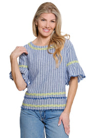 John Mark Yard Dyed Flounce Sleeve Top (J26532TM) (Blue Stripe)