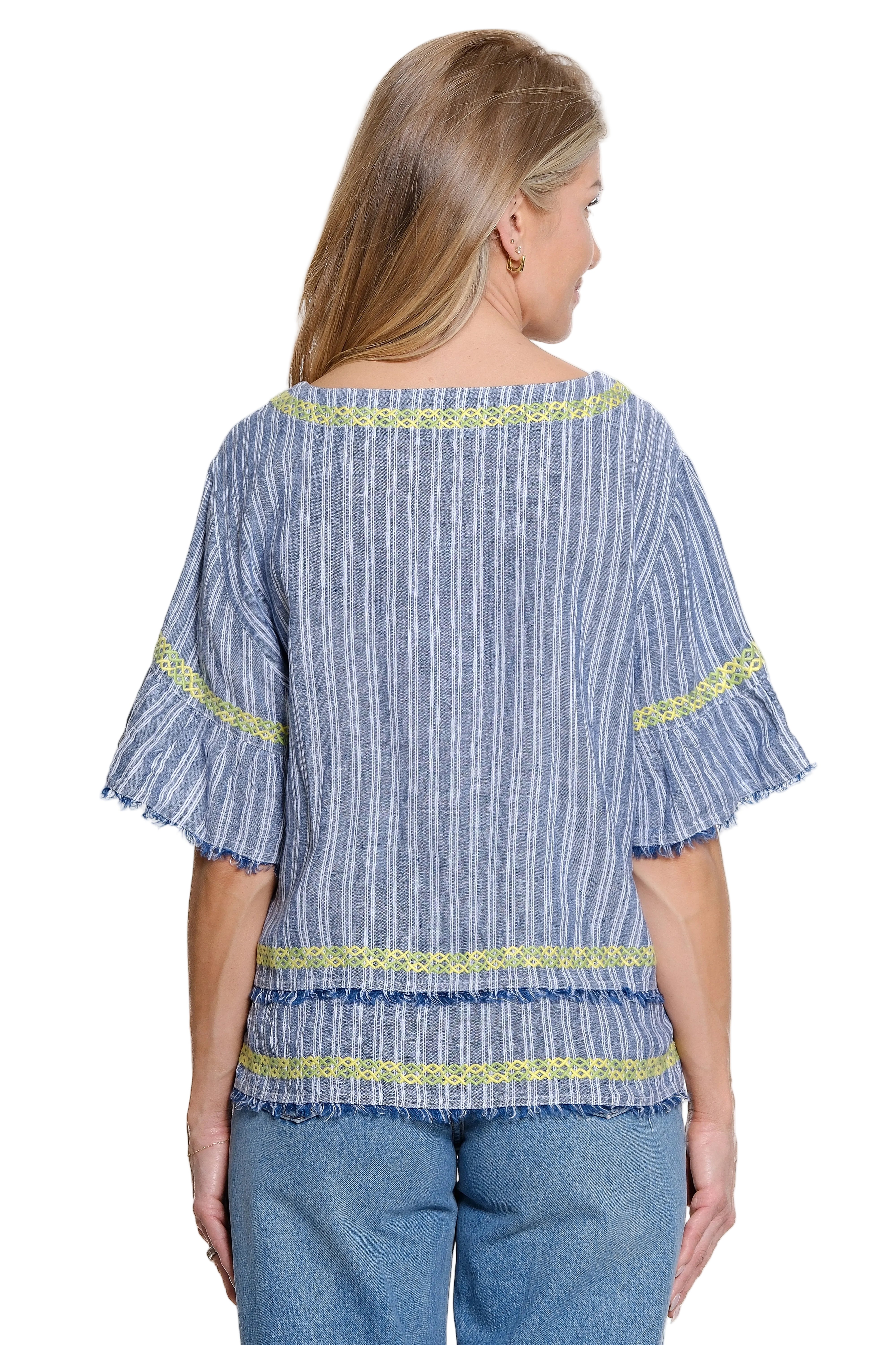 John Mark Yard Dyed Flounce Sleeve Top (J26532TM) (Blue Stripe)