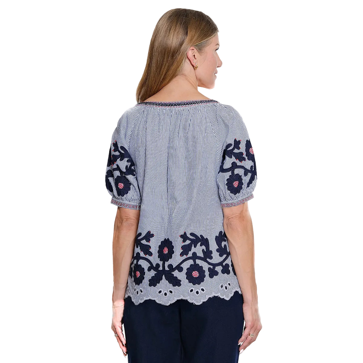 John Mark Floral Applique Striped Top (J26533TM)(Navy and White)
