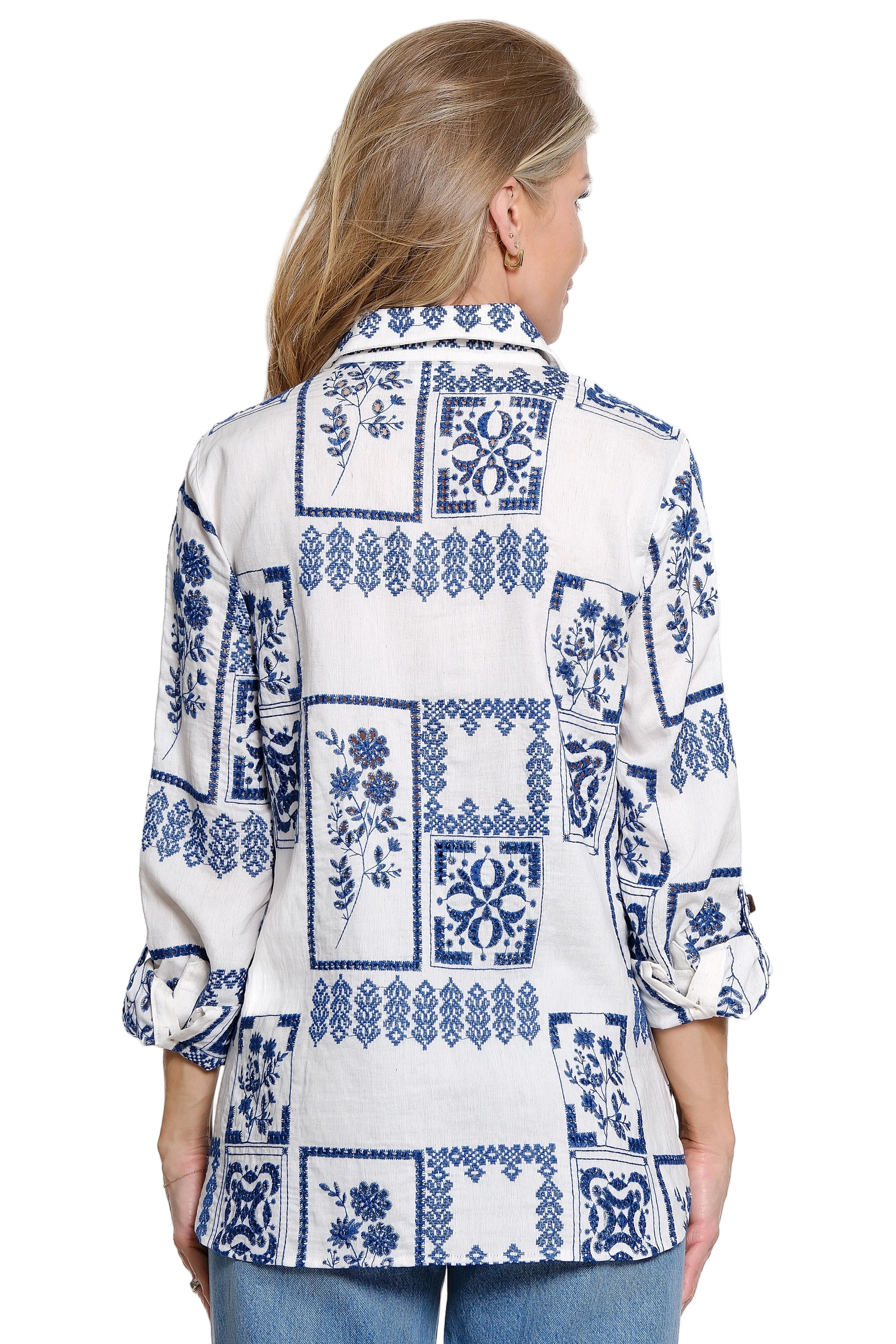 John Mark Floral Eyelet Patchwork Blouse (J26546BM) (WHTBLU)