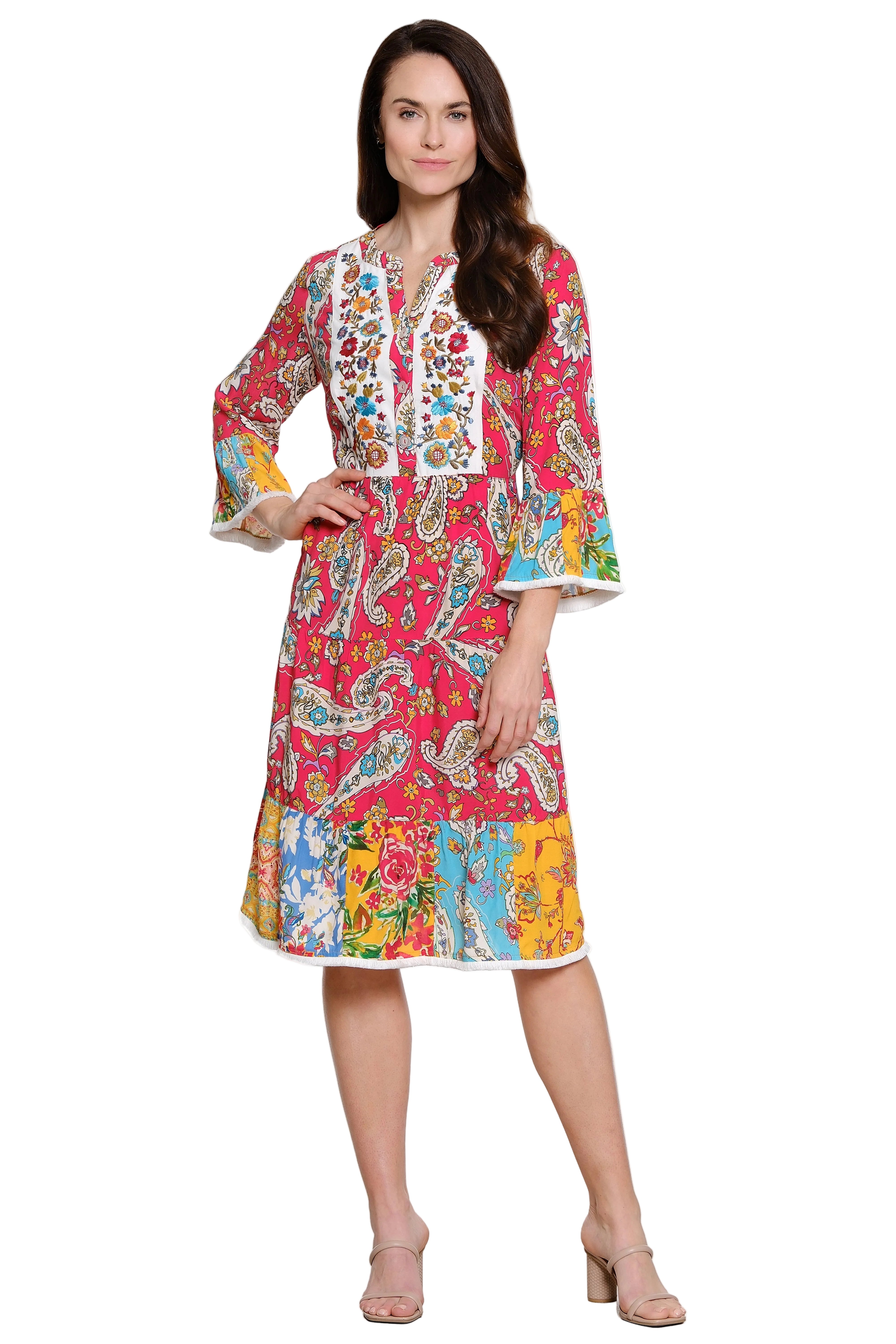 John Mark Embroidered Tiered Floral Print Dress (J26553DM) (Red Floral)