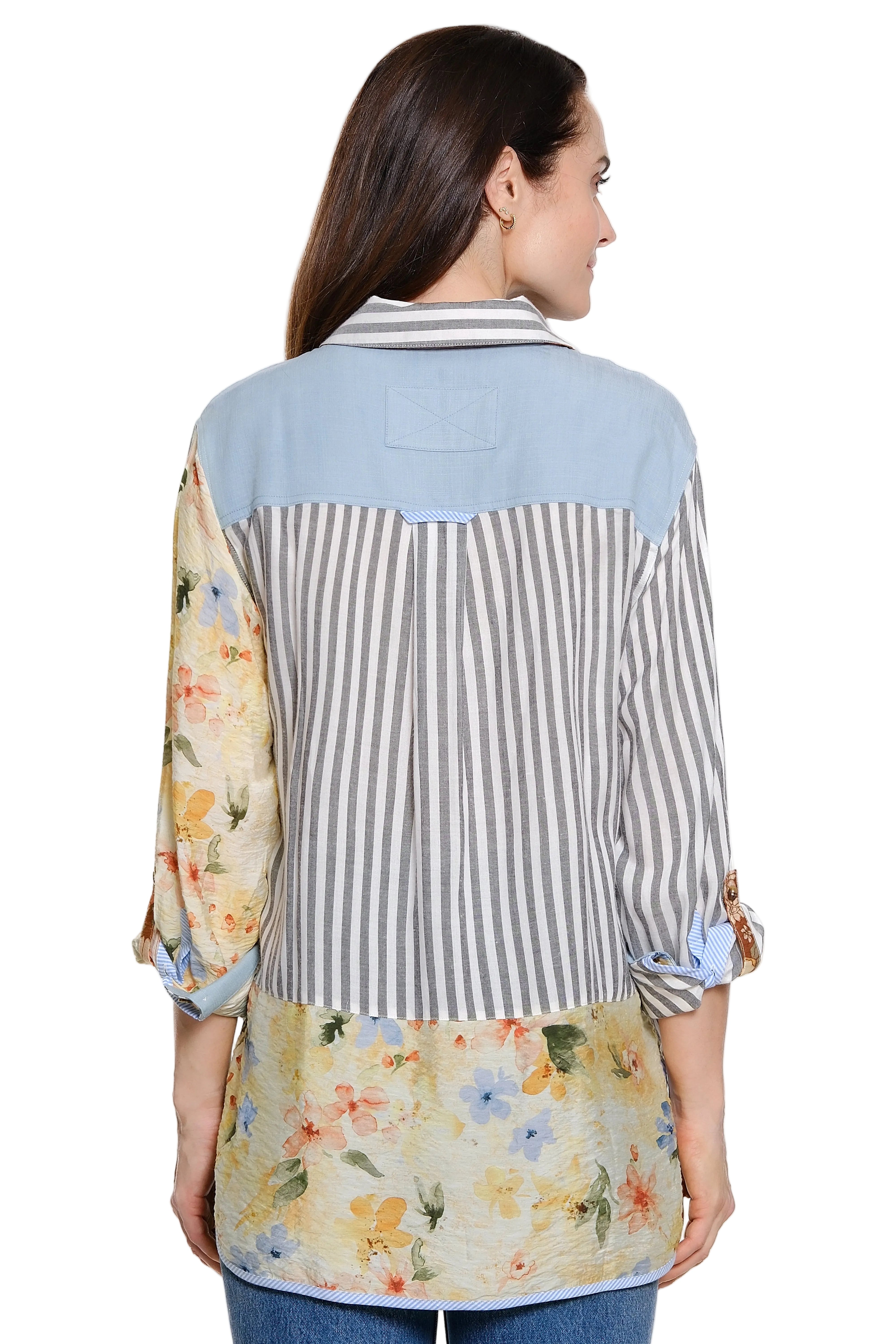 John Mark Roll Tab Sleeve Button Down Blouse (J26626BM) (Floral Print and Stripes)
