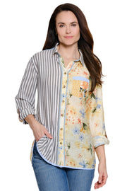 John Mark Roll Tab Sleeve Button Down Blouse (J26626BM) (Floral Print and Stripes)