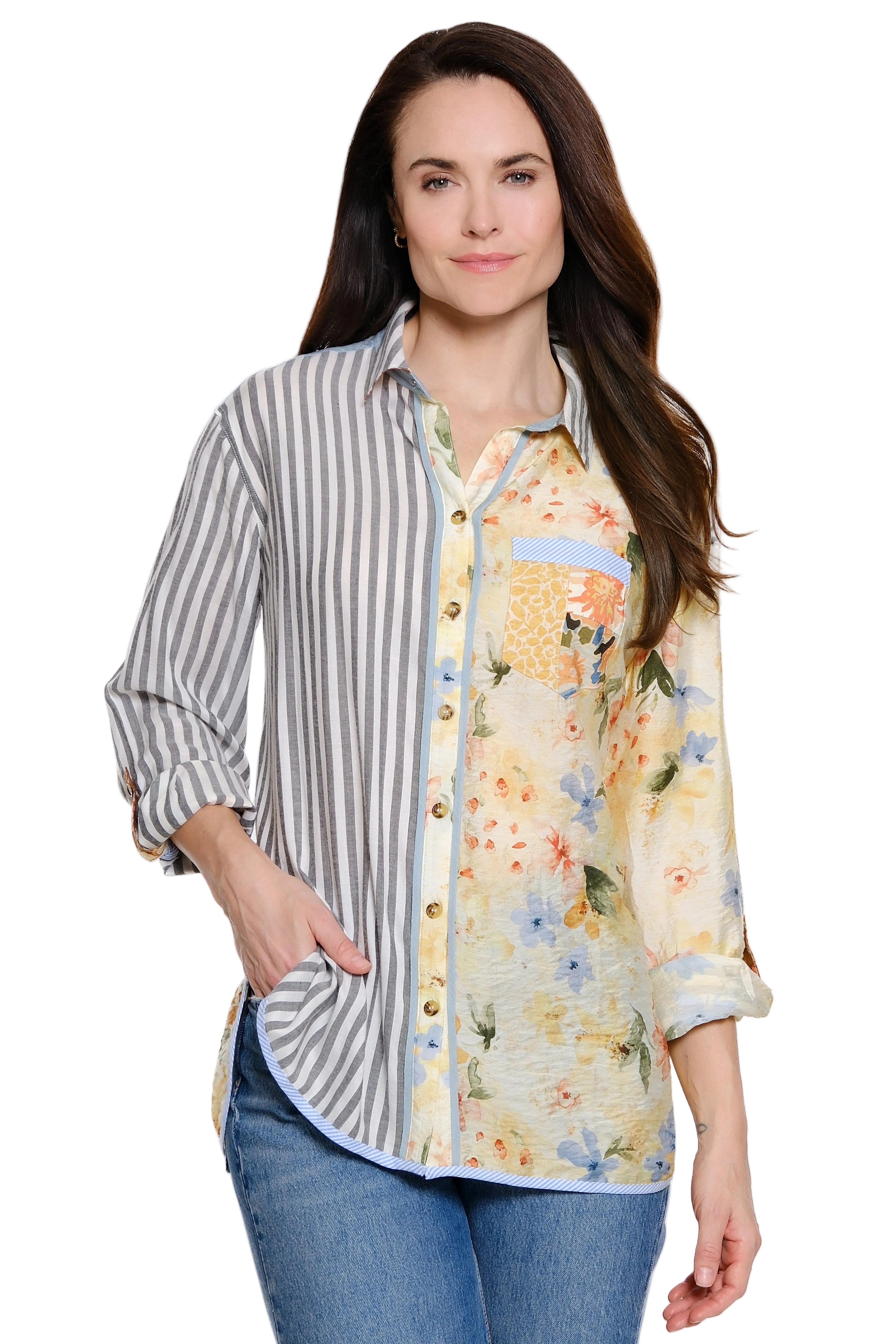 John Mark Roll Tab Sleeve Button Down Blouse (J26626BM) (Floral Print and Stripes)
