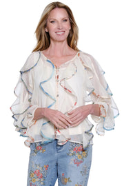 John Mark Woven Ruffled 3/4 Sleeve Blouse with Solid Tank 2pc  (J26637BM) (Ivory)