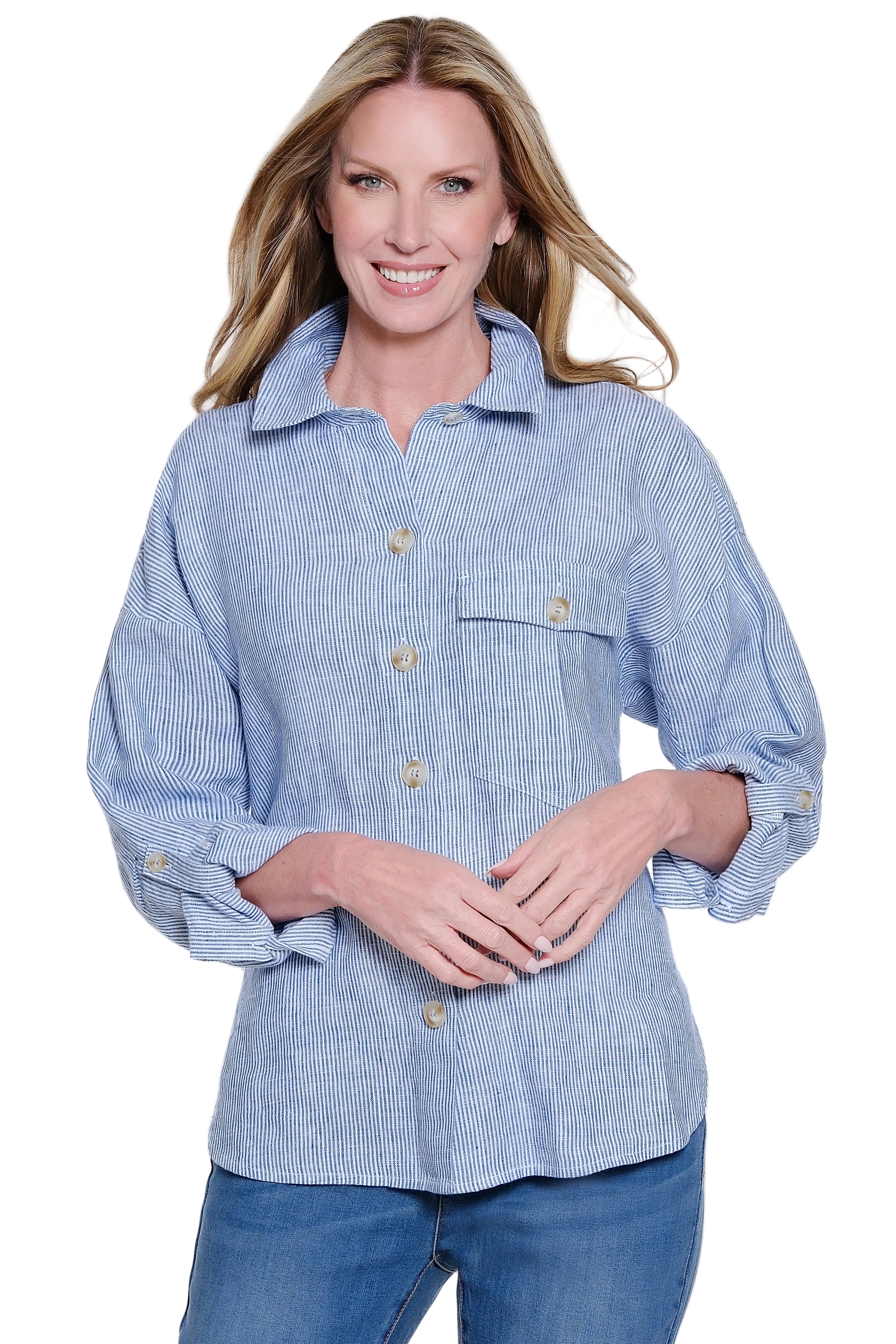 John Mark Woven Yarn Dyed Stripe Blouse (J26638BM) (Blue Star)