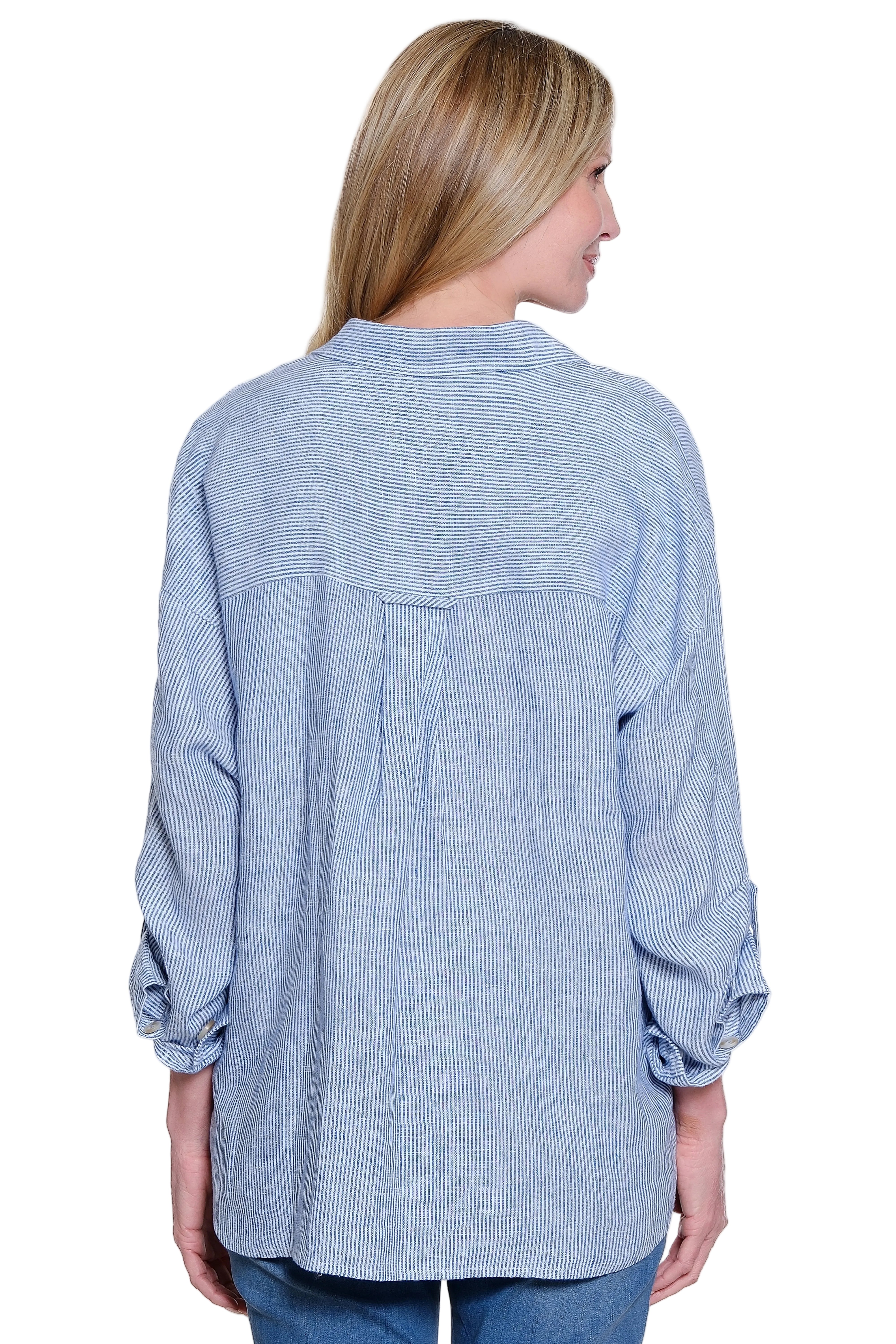 John Mark Woven Yarn Dyed Stripe Blouse (J26638BM) (Blue Star)