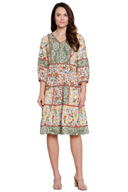 John Mark Tiered 3/4 Sleeve Dress With Smocked Placket (J26691DM) (Floral Multi )