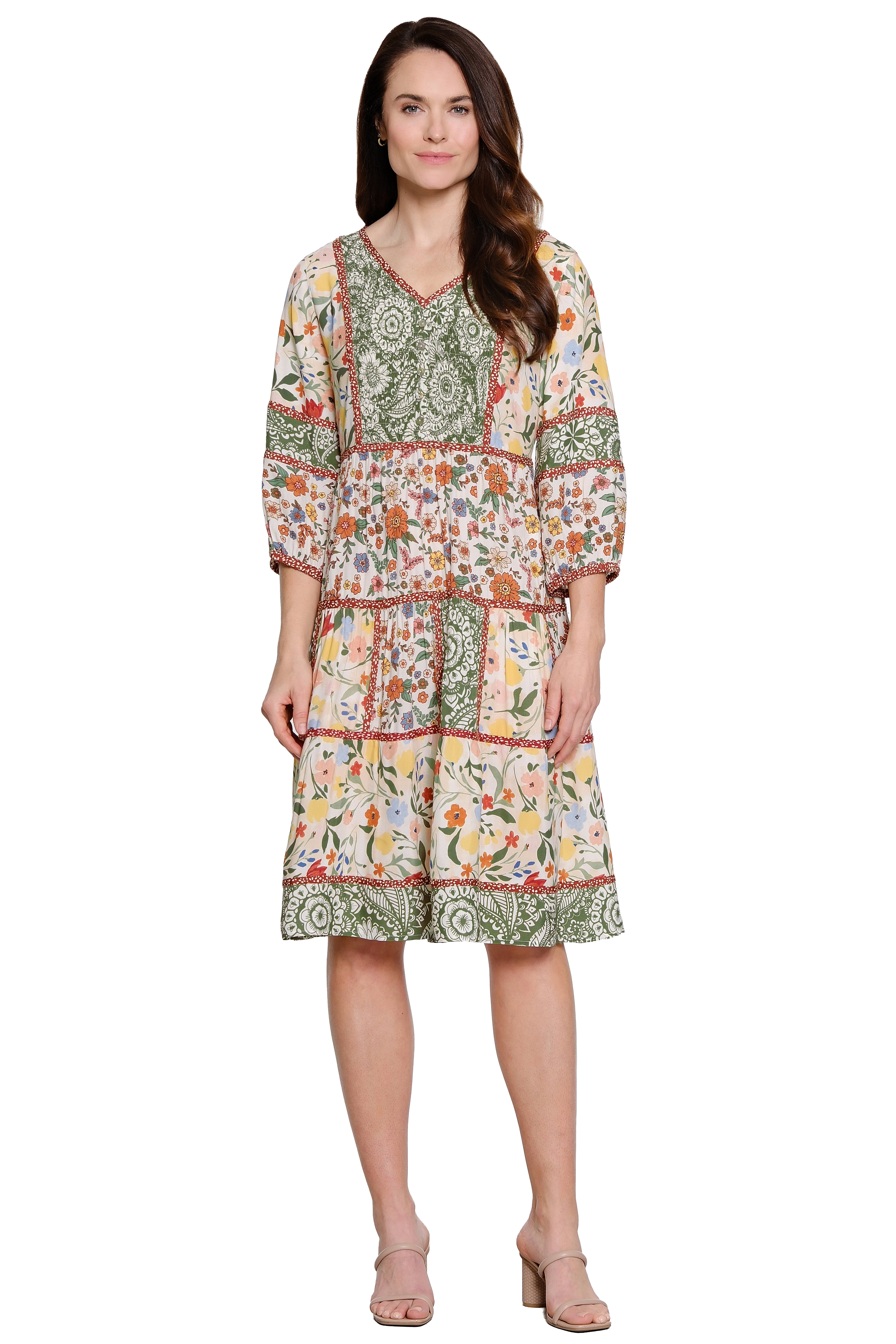 John Mark Tiered 3/4 Sleeve Dress With Smocked Placket (J26691DM) (Floral Multi )