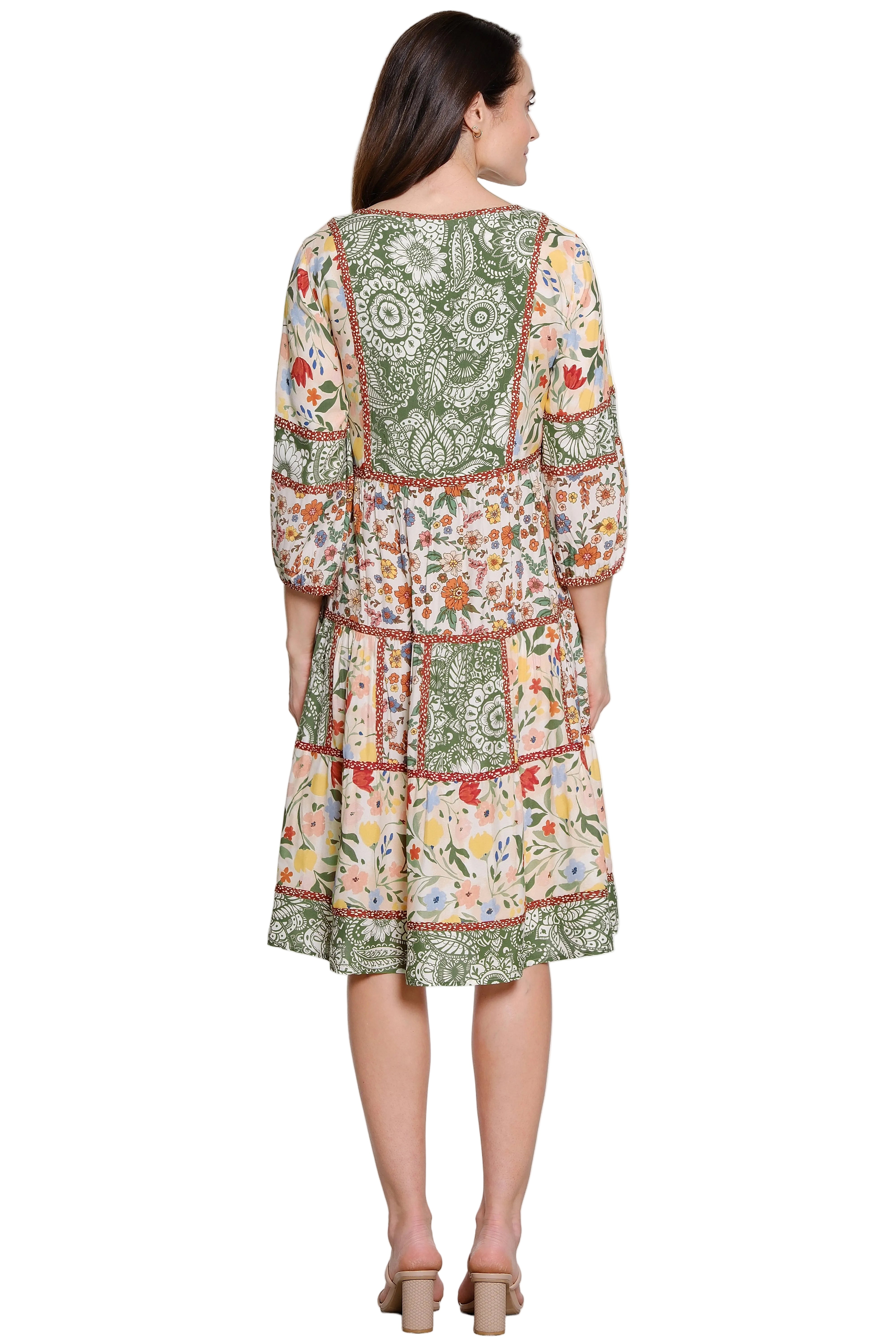 John Mark Tiered 3/4 Sleeve Dress With Smocked Placket (J26691DM) (Floral Multi )
