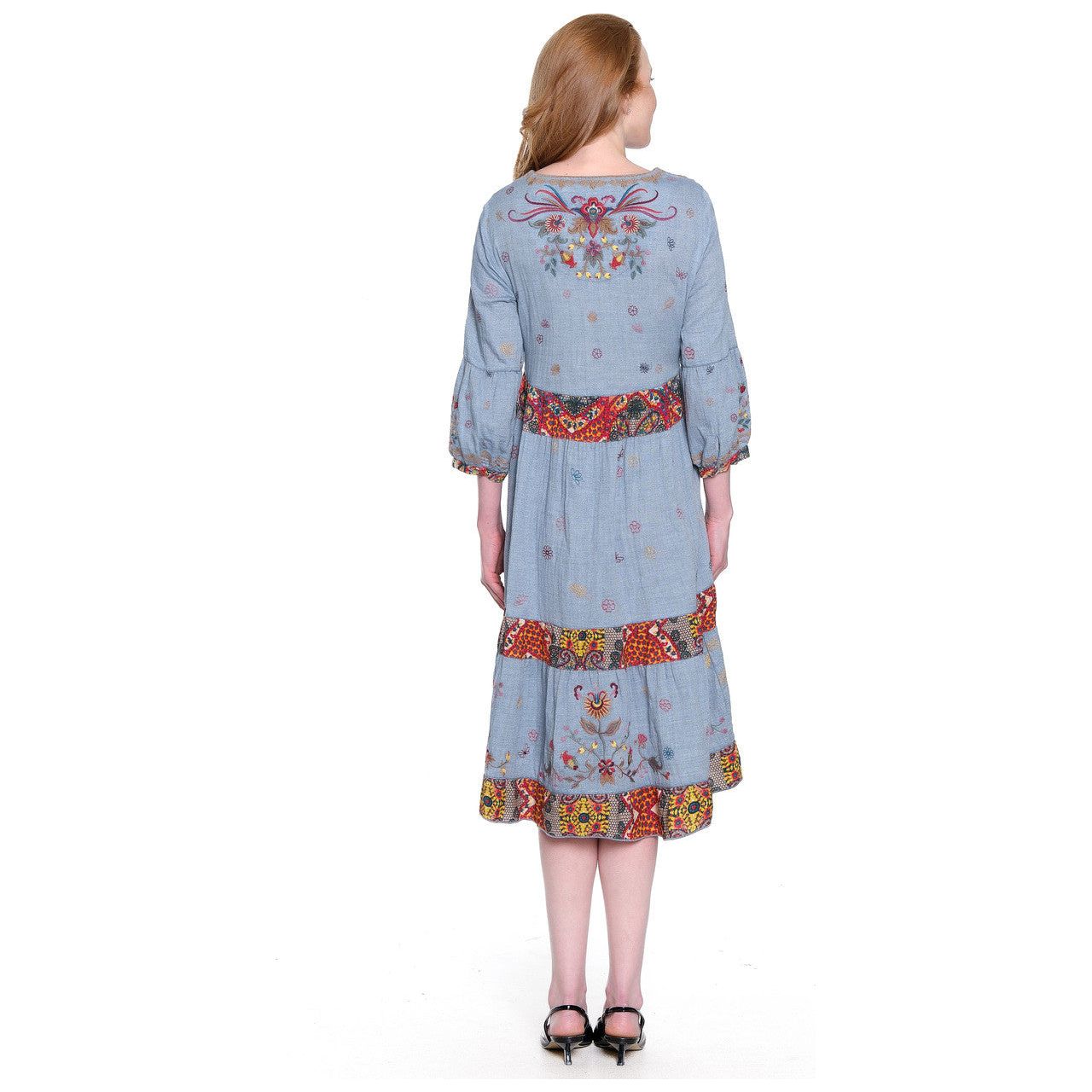 John Mark Tiered Embroidered V-Neck Dress (J35764DM )(Lt Blue)