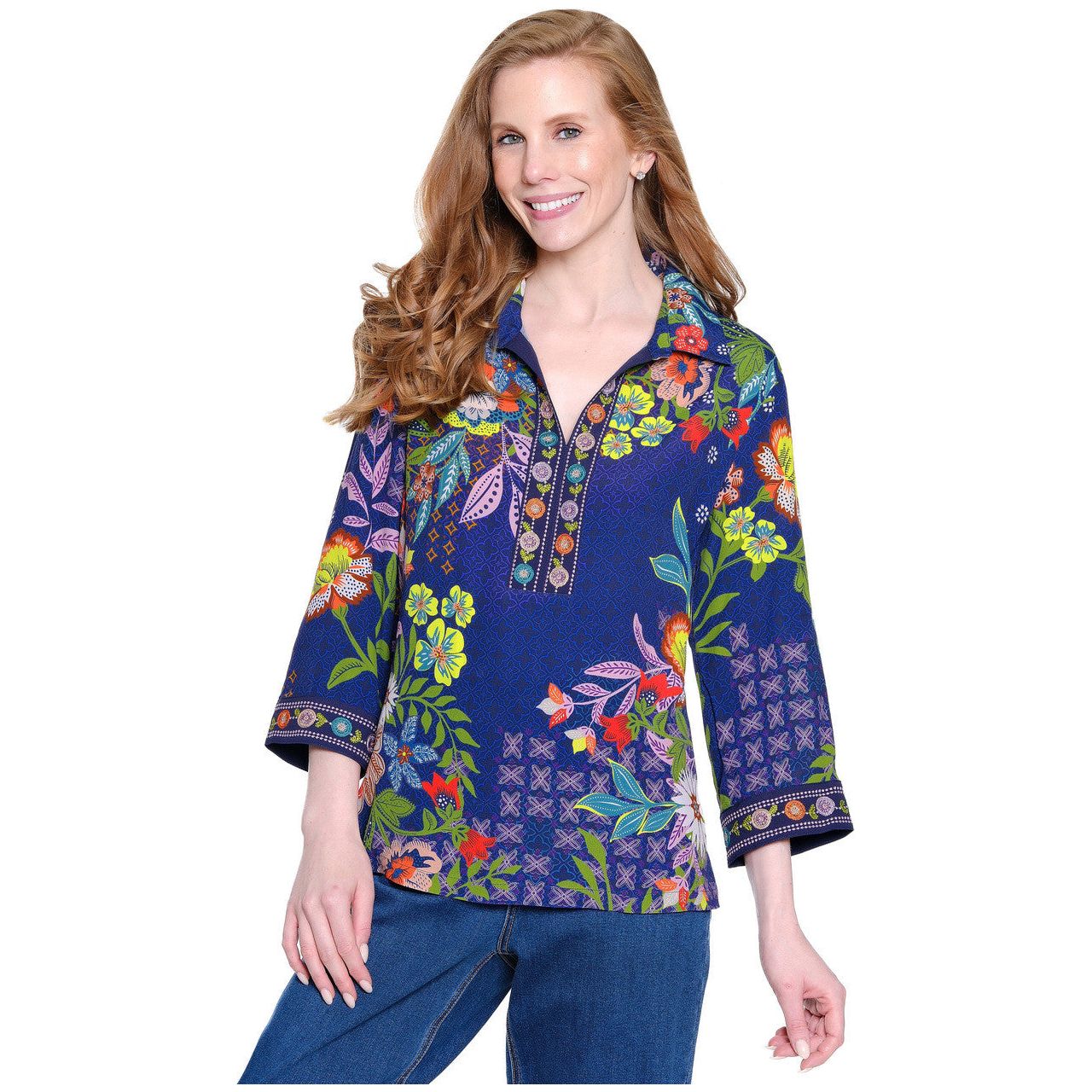John Mark Print Embroidered Pop-Over Top