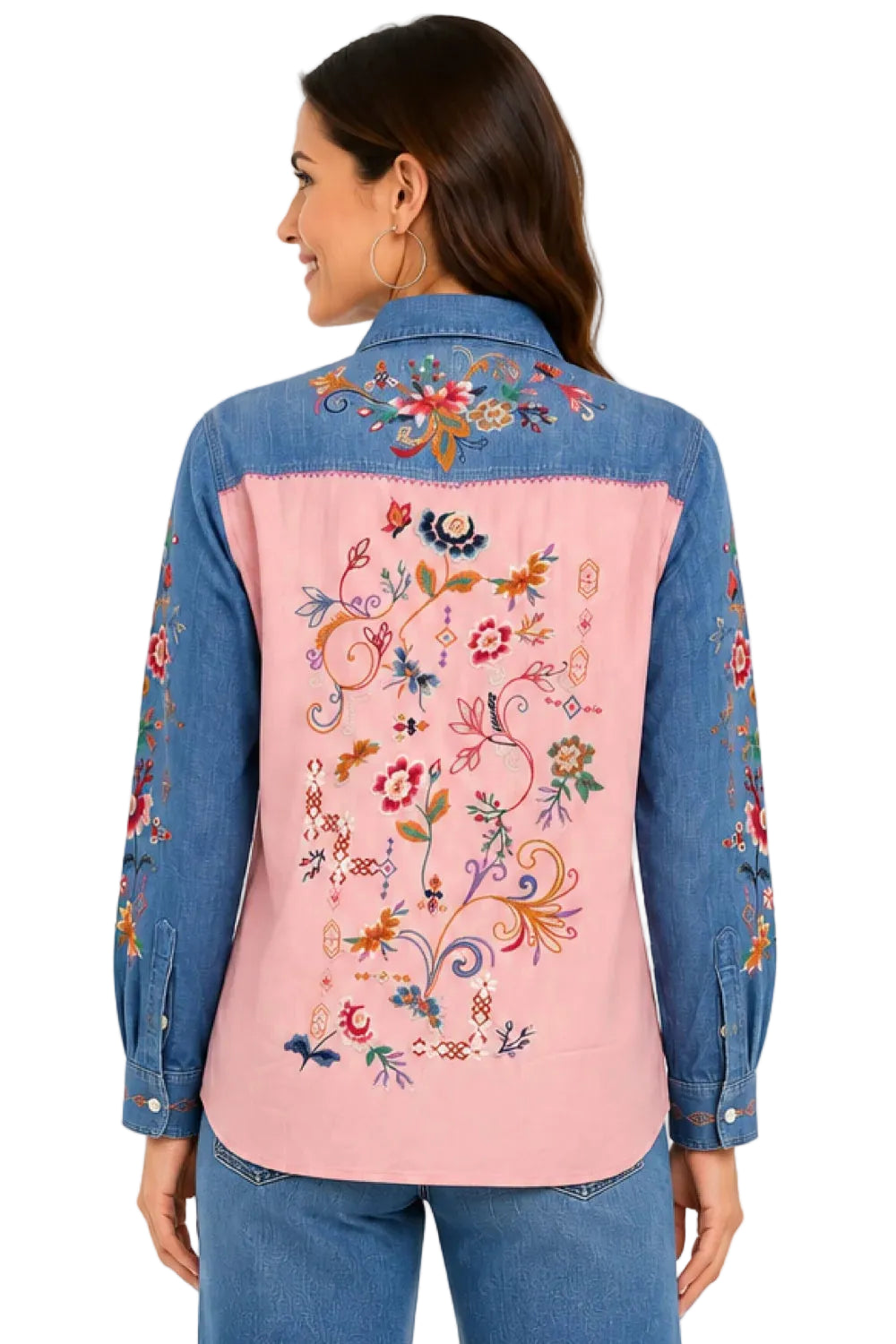 John Mark Woven Allover Embroidered Button Front Blouse (J36425BM)(Multi)