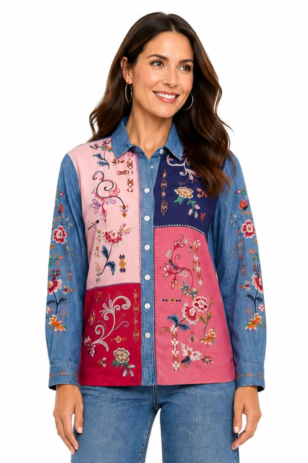 John Mark Woven Allover Embroidered Button Front Blouse (J36425BM)(Multi)