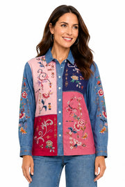 John Mark Woven Allover Embroidered Button Front Blouse (J36425BM)(Multi)