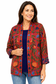 John Mark Woven Embroidered Open Front Long Sleeve Jacket (J36428JM)(Dark Coral)