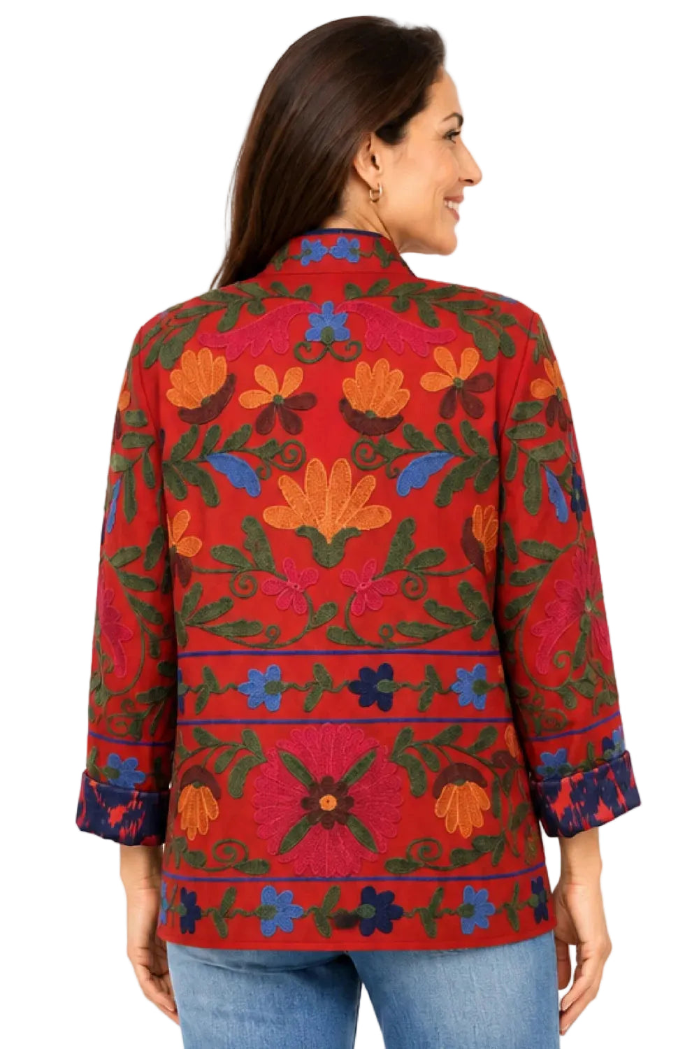 John Mark Woven Embroidered Open Front Long Sleeve Jacket (J36428JM)(Dark Coral)