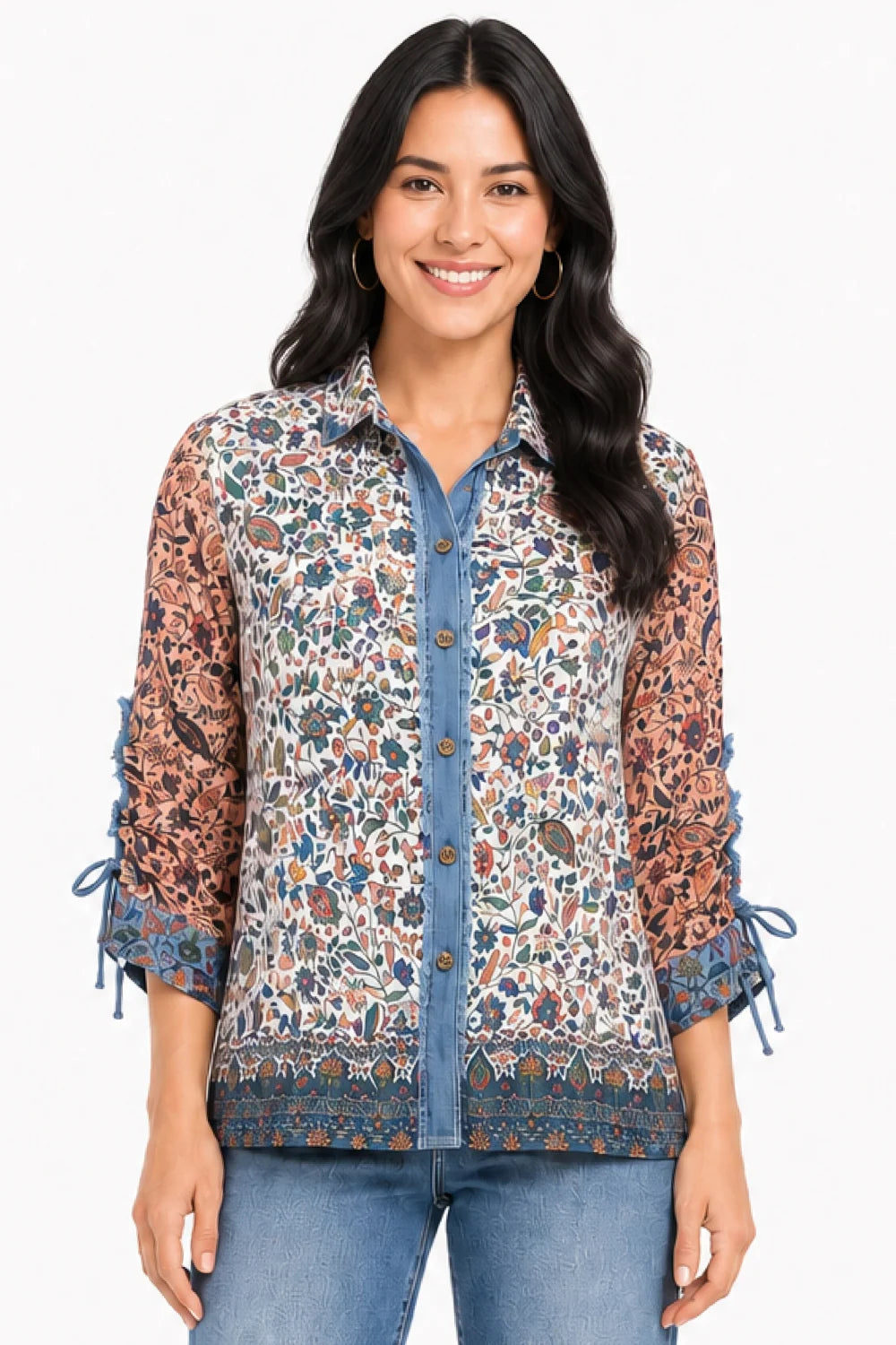 John Mark Woven Mixed Print Button Front Blouse (J36439BM)(Floral Multi)