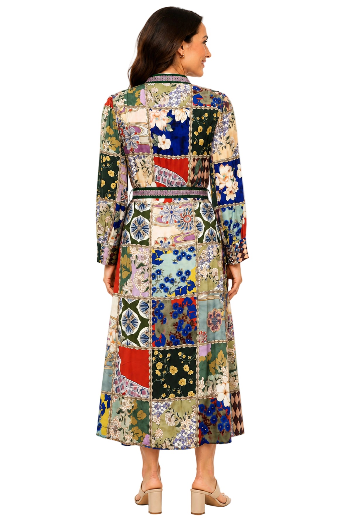John Mark Woven Mixed Print Button Front Dress with Self Tie (J36470DM)(Multi)