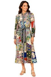 John Mark Woven Mixed Print Button Front Dress with Self Tie (J36470DM)(Multi)