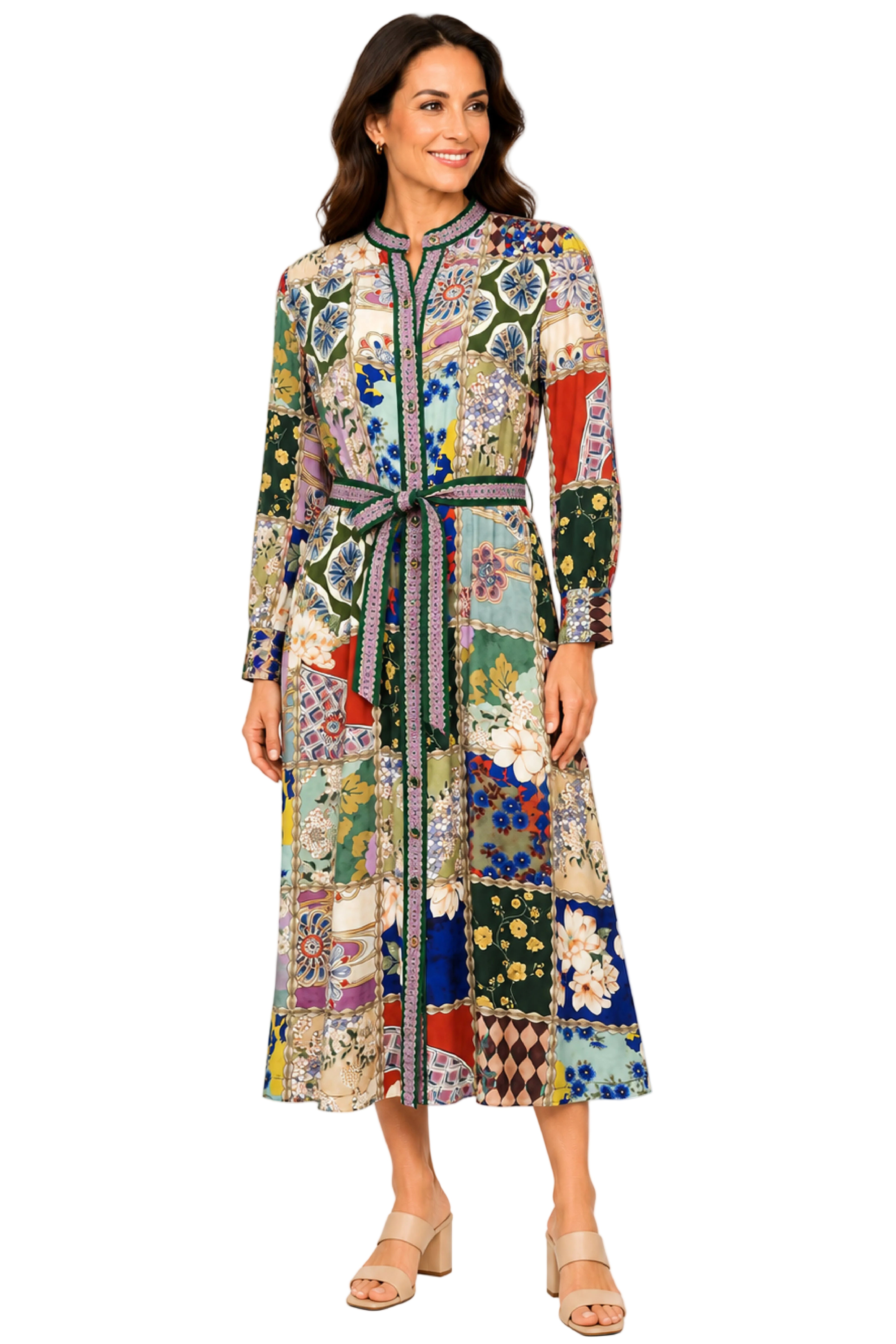 John Mark Woven Mixed Print Button Front Dress with Self Tie (J36470DM)(Multi)