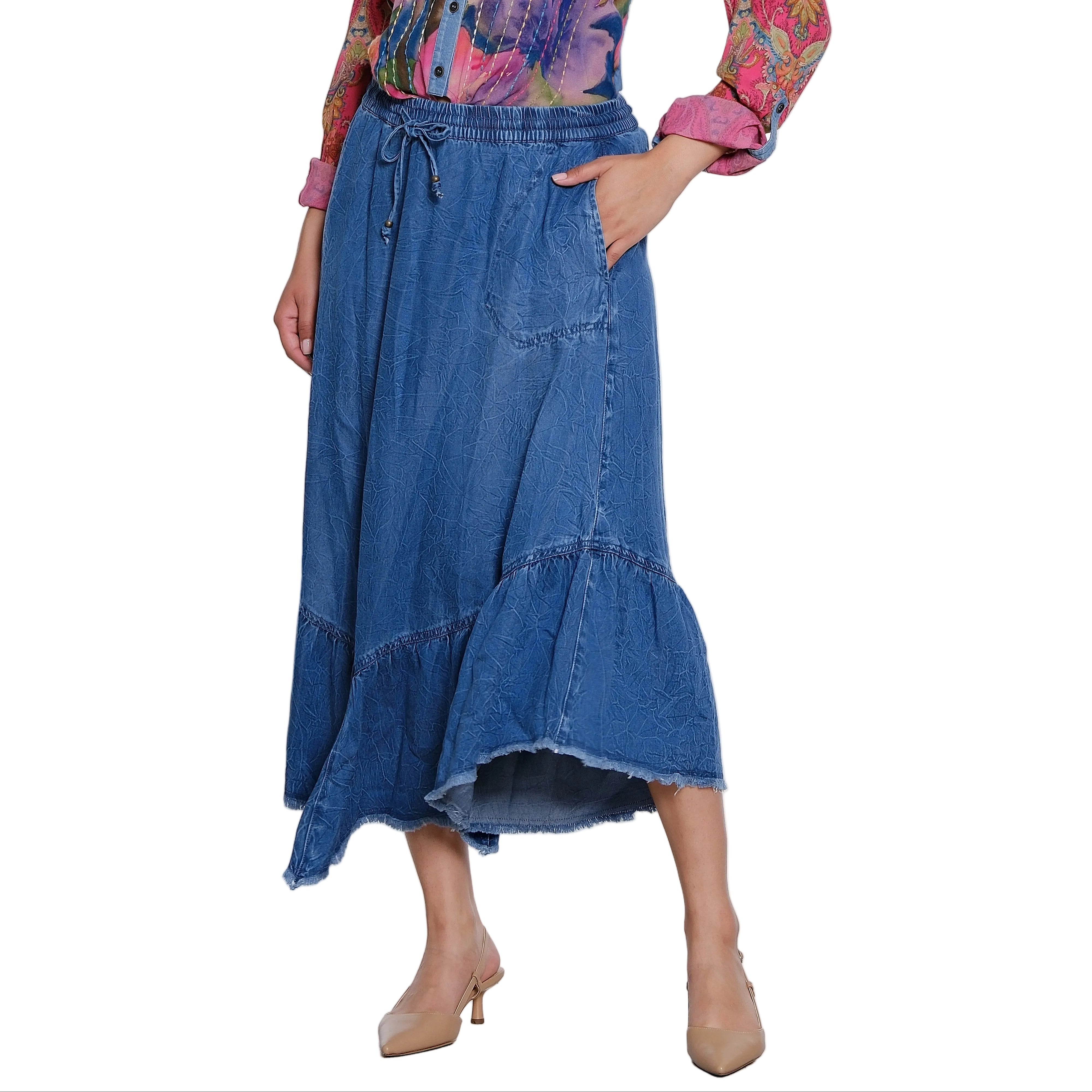 John Mark Woven Pull-On Smocked Waist Skirt With Ruffle Frayed Hem (J36757SM) (Chambray)