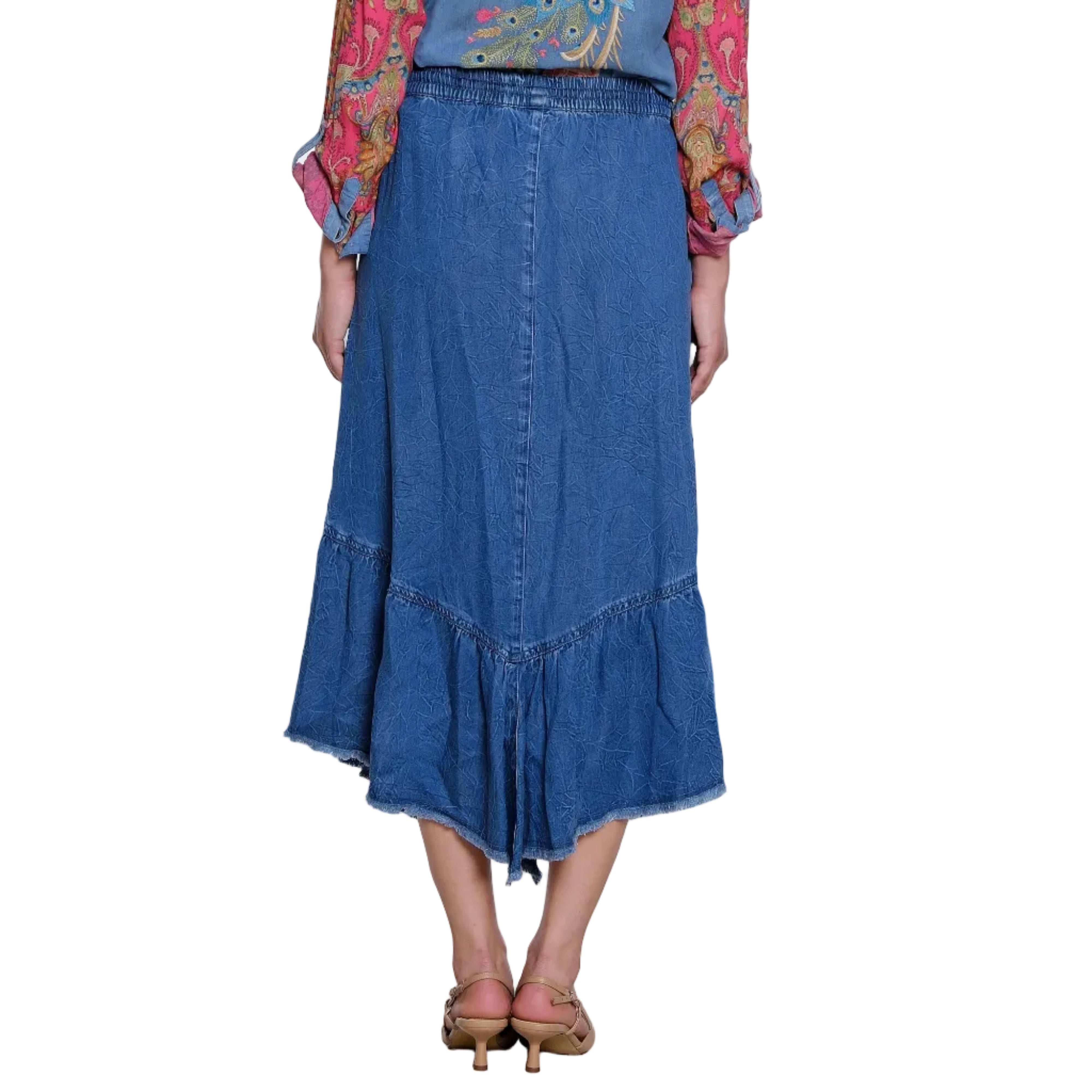 John Mark Woven Pull-On Smocked Waist Skirt With Ruffle Frayed Hem (J36757SM) (Chambray)
