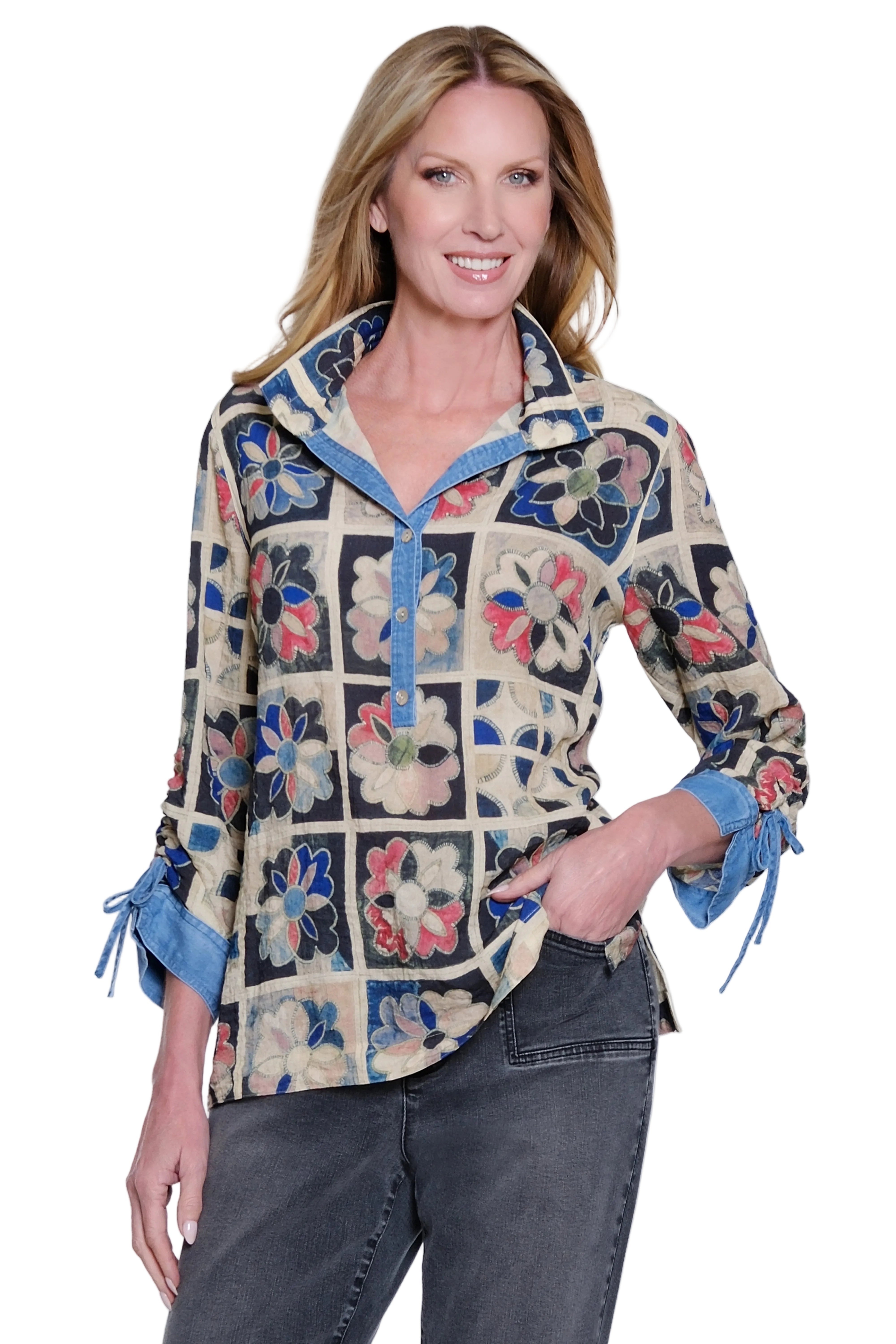 John Mark Woven 3/4 Cinch Sleeve Popover With Button Placket (J36732TM) (PatchPrint)