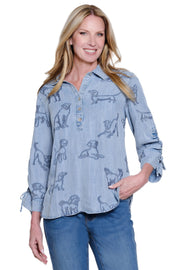 John Mark Woven Embroidered Dogs 3/4 Sleeve Cinch Tunic (J36741TM) (Denim)