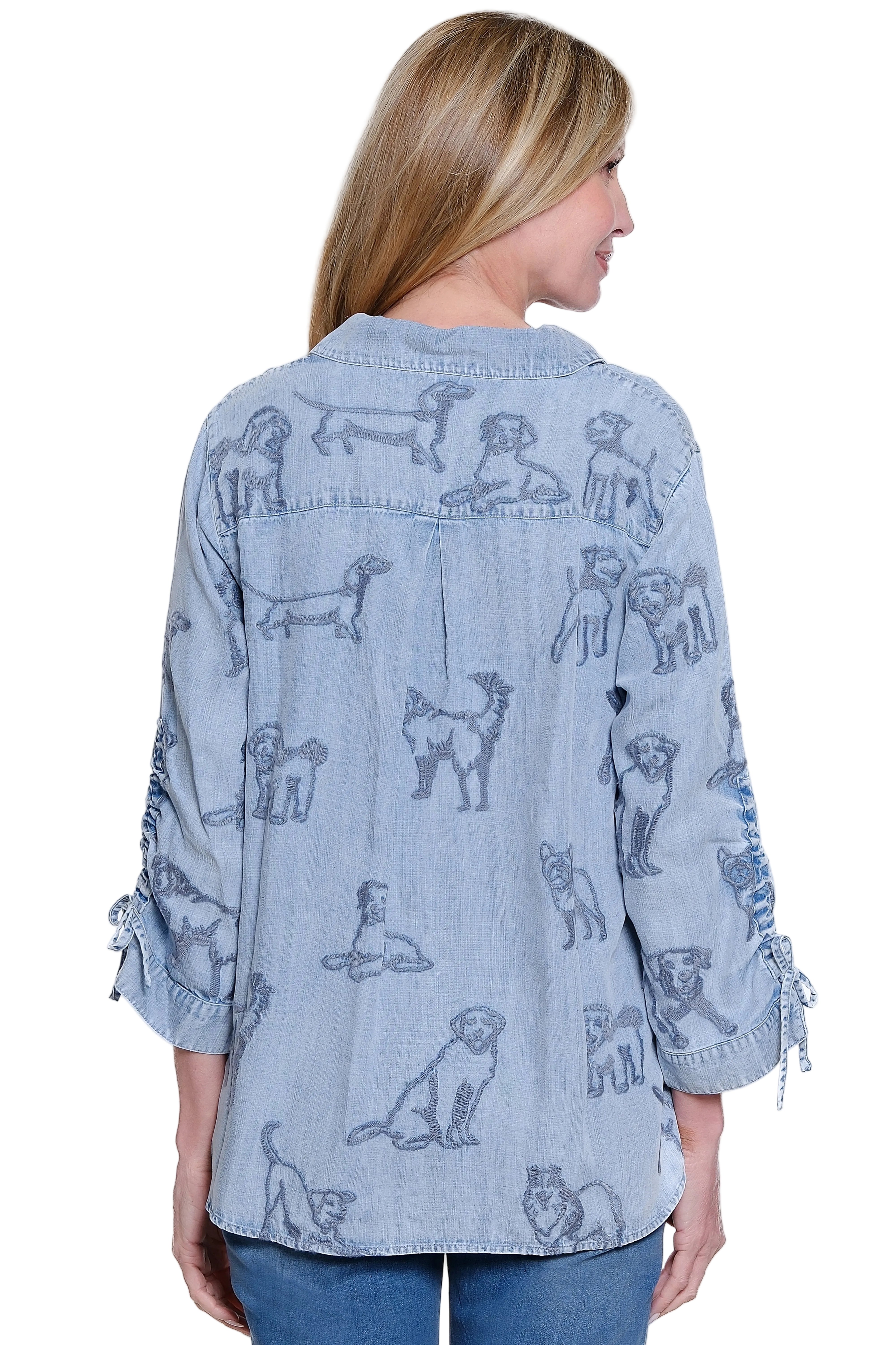 John Mark Woven Embroidered Dogs 3/4 Sleeve Cinch Tunic (J36741TM) (Denim)