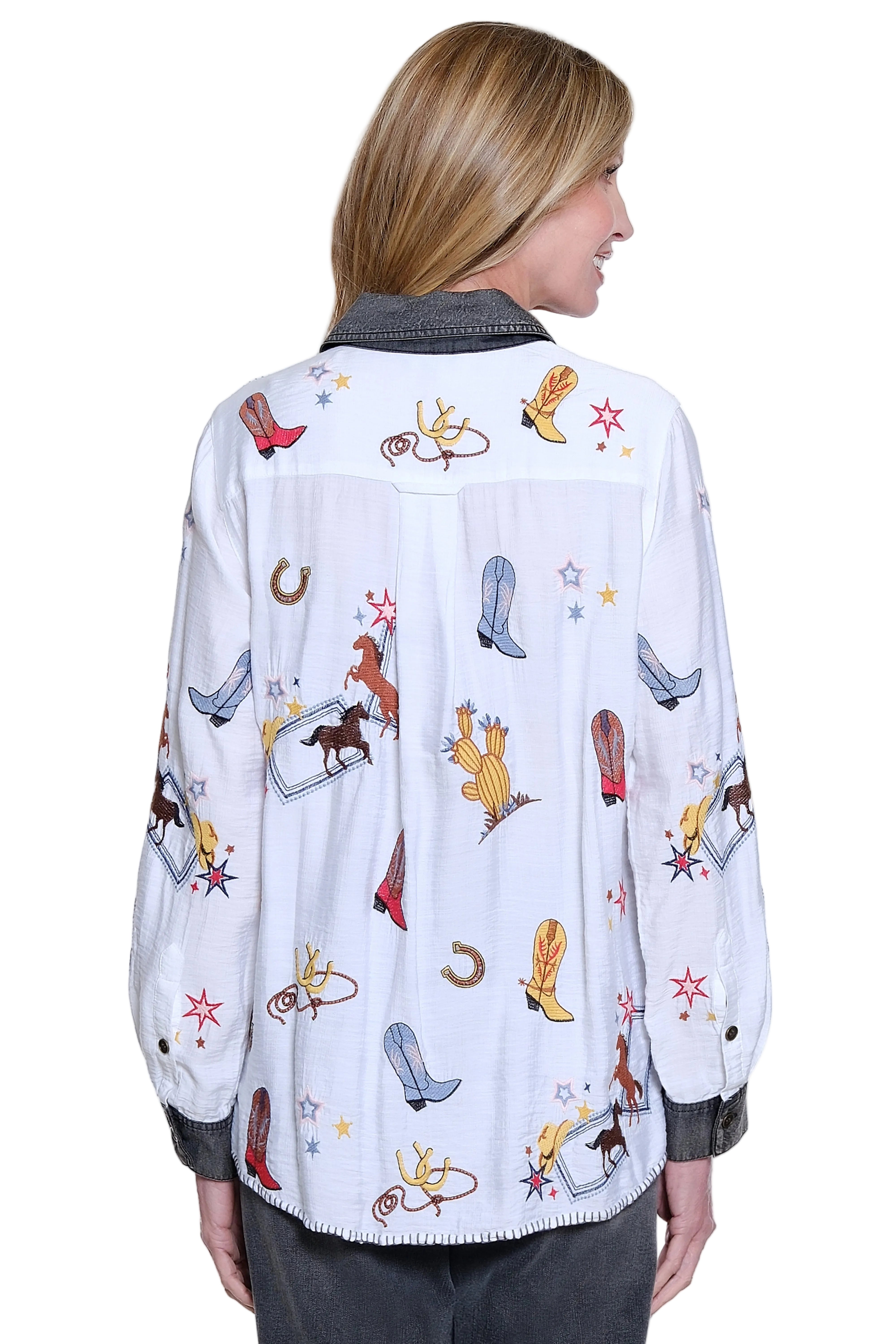 John Mark Woven Embroidered Western Long Sleeve Button Front Blouse (J36744BM) (Cream)