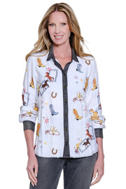 John Mark Woven Embroidered Western Long Sleeve Button Front Blouse (J36744BM) (Cream)