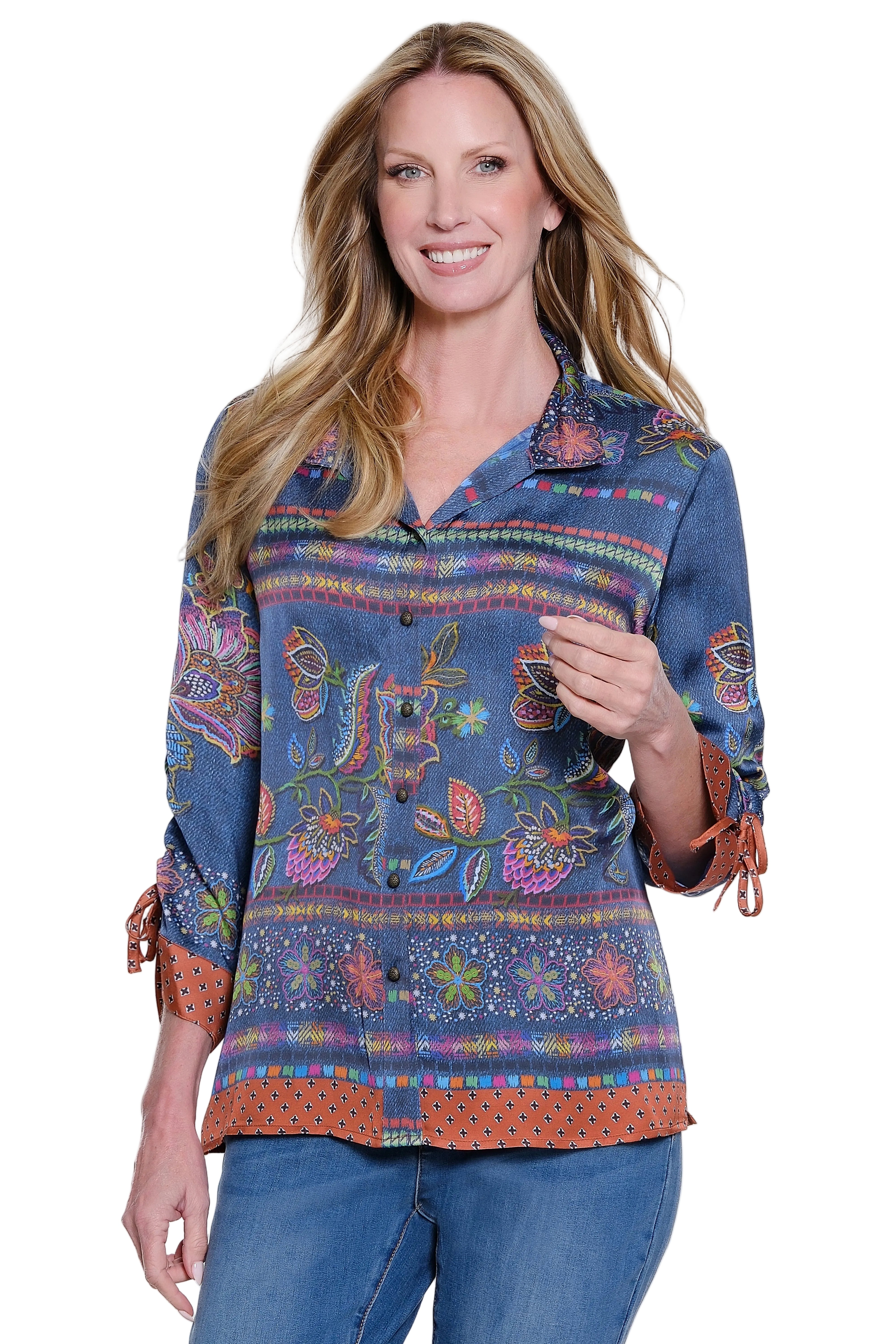 John Mark Woven Printed Button Front Blouse With Wire Collar (J36760BM) (Multi)