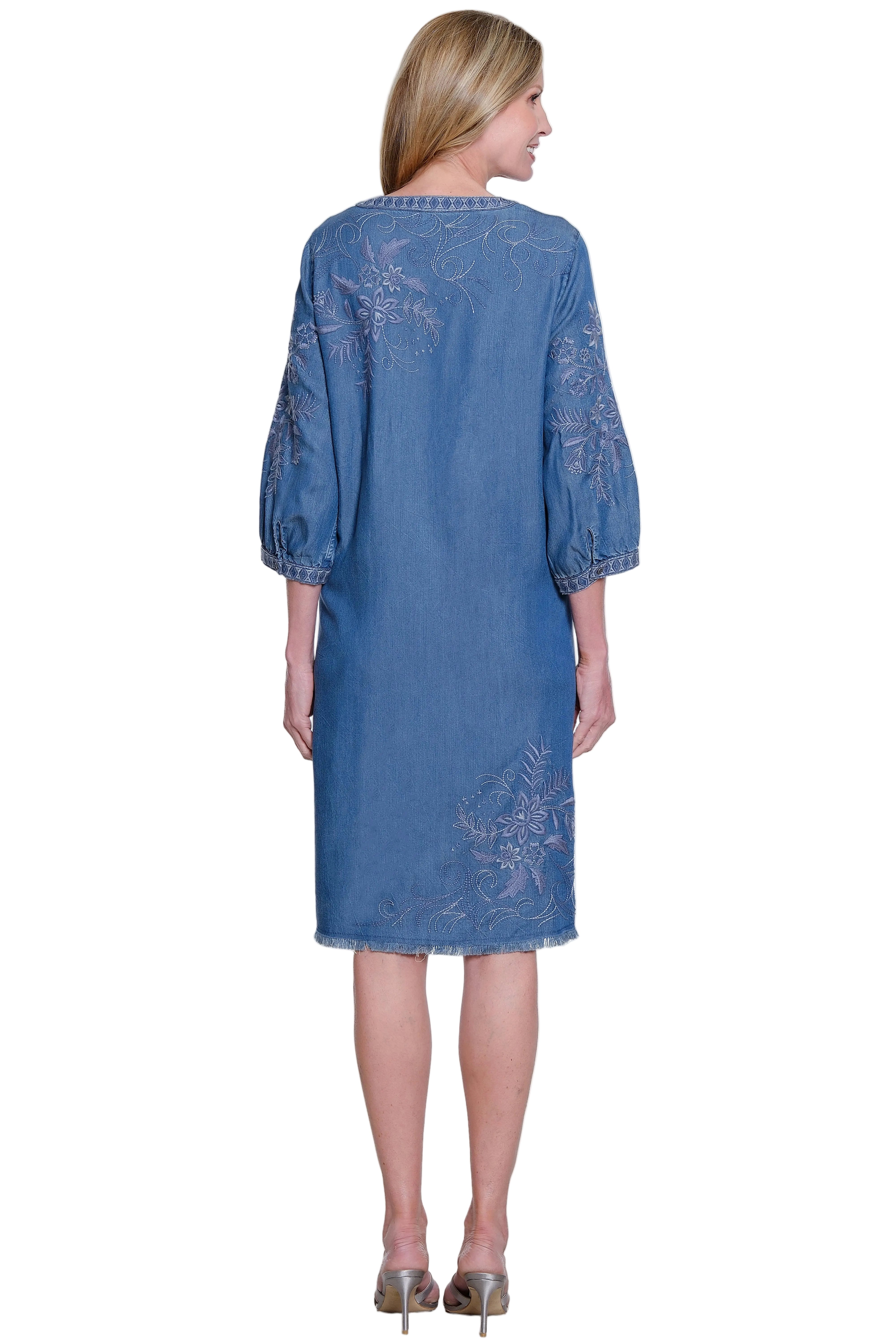 John Mark Woven Embroidered 3/4 Sleeve Dress With Frayed Hem And Split Neckline (J36770DM) (Dark Denim)