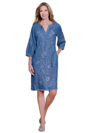 John Mark Woven Embroidered 3/4 Sleeve Dress With Frayed Hem And Split Neckline (J36770DM) (Dark Denim)