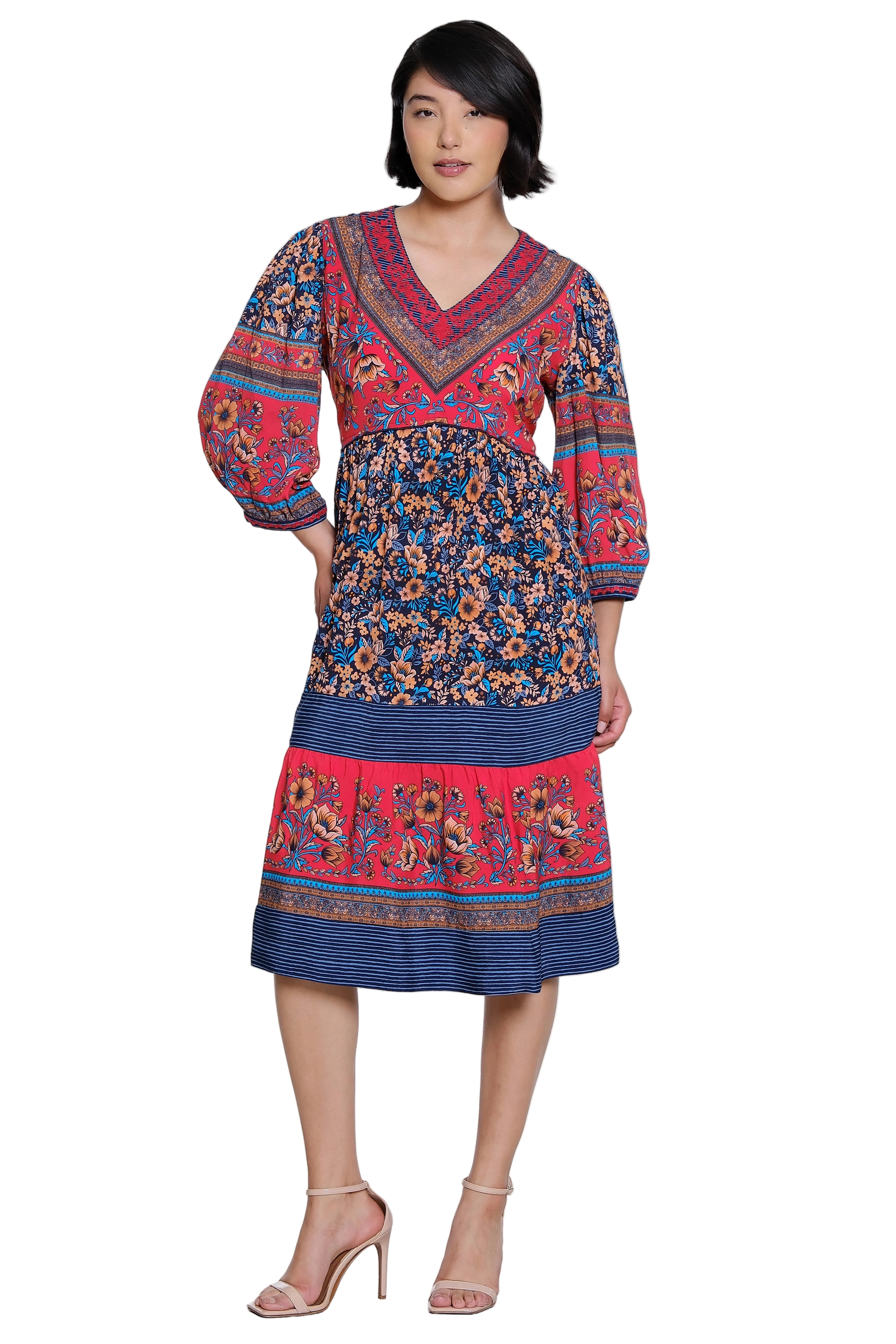 John Mark Woven Mix Print 3/4 Sleeve Dress With Embroidery And V-Neck (J36772DM) (Floral Multi ) )